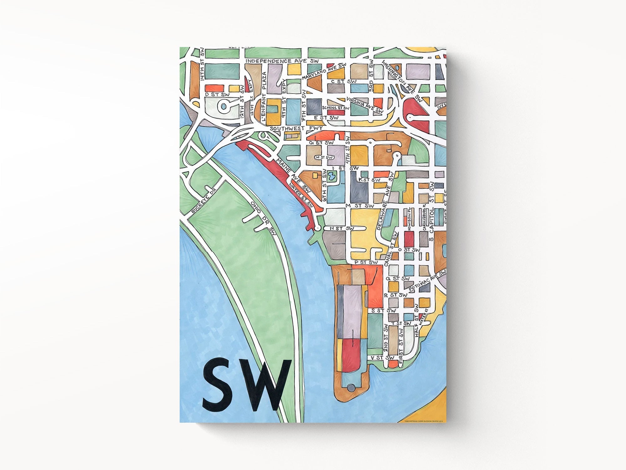 SW DC Art Map Greeting Card - Handmade Watercolor Washington DC Landmark Postcard for Travel Gifts, Souvenirs & Home Decor