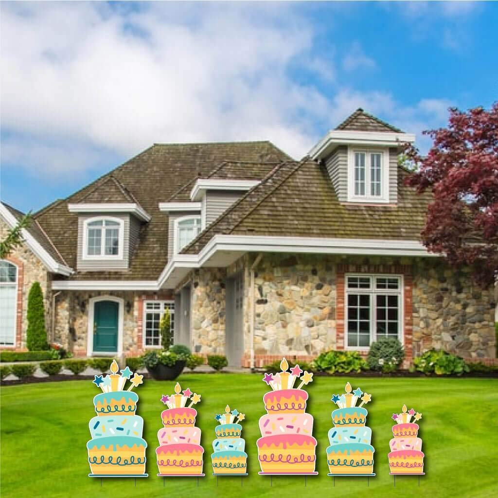 VictoryStore Tiered Birthday Cake Yard Decorations Set of 6 with Stakes - American Made Outdoor Party Decor for Birthdays, Anniversaries & Special Events