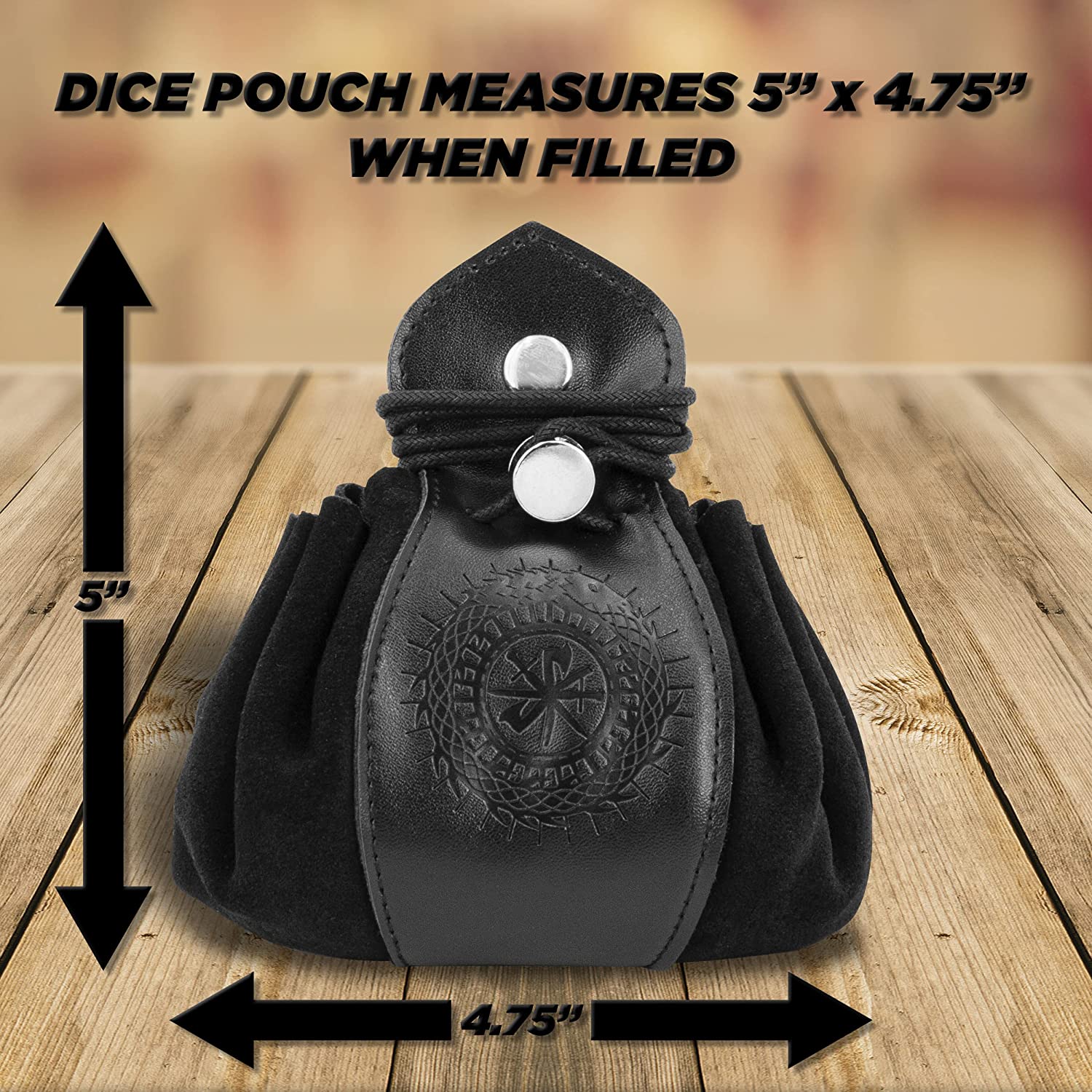 CASEMATIX Leather Dice Bag & Rolling Tray Set for DND, RPG - Holds 50+ Dice - Black Premium Leather Drawstring Pouch with Soft Non-Scratch Lining - Perfect for Tabletop Gaming, Dungeons & Dragons Sessions, and Role Playing Game Accessories