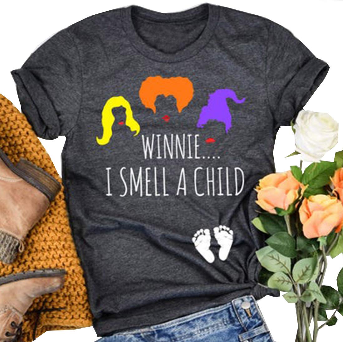 EXMIUN Winnie the Pooh 'I Smell a Child' Halloween Pregnancy Shirt for Women - Fall Maternity T-Shirt - Sanderson Sisters Inspired Top - Perfect for Halloween Parties & Pregnancy Announcements