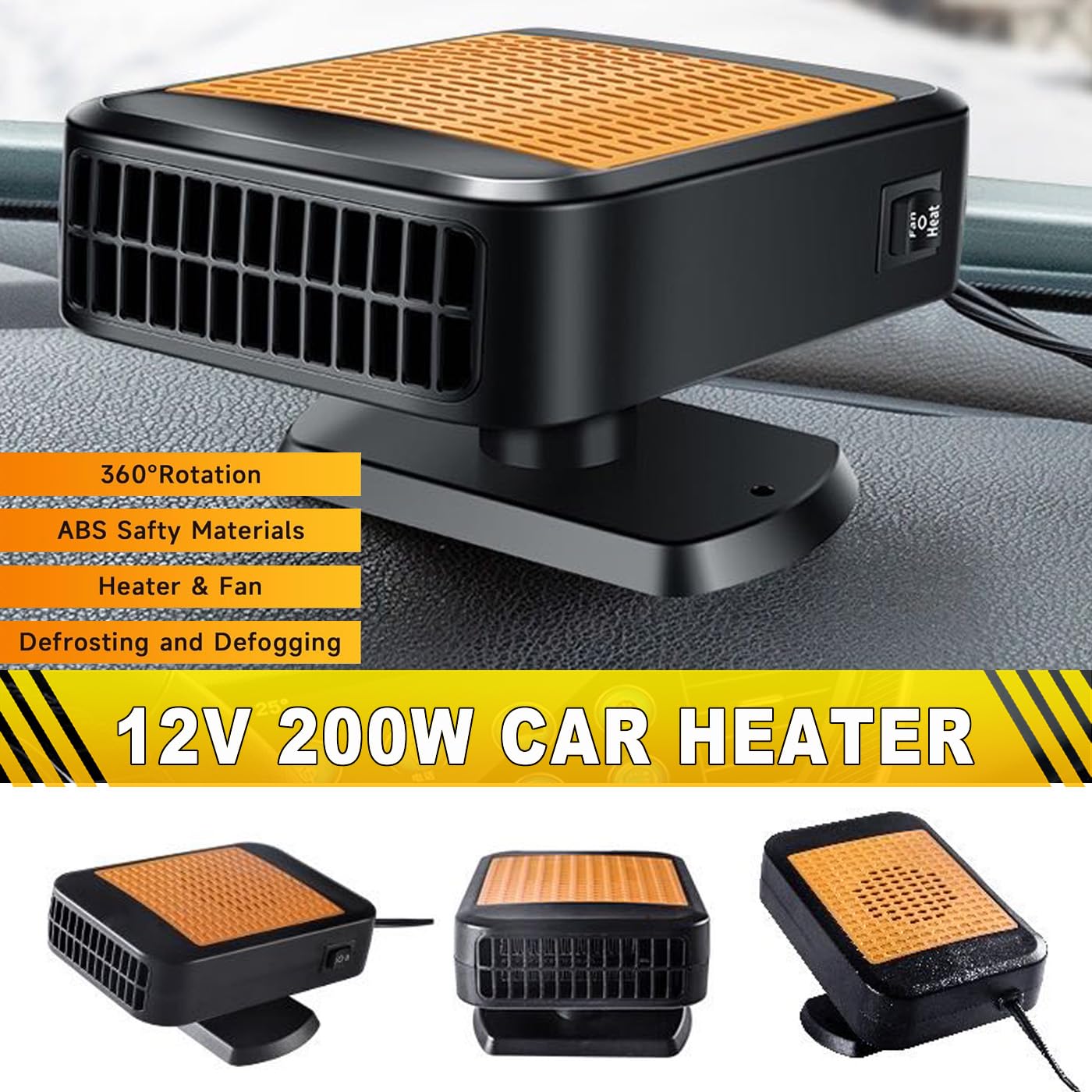 12V Portable Car Heater & Defroster - 200W Fast Heating Vehicle Heater with 360° Rotation for Windshield Defogging - Ideal for Cars, SUVs, RVs & Trucks in Winter (Orange) - Perfect for Cold Mornings, Road Trips & Emergency Heating