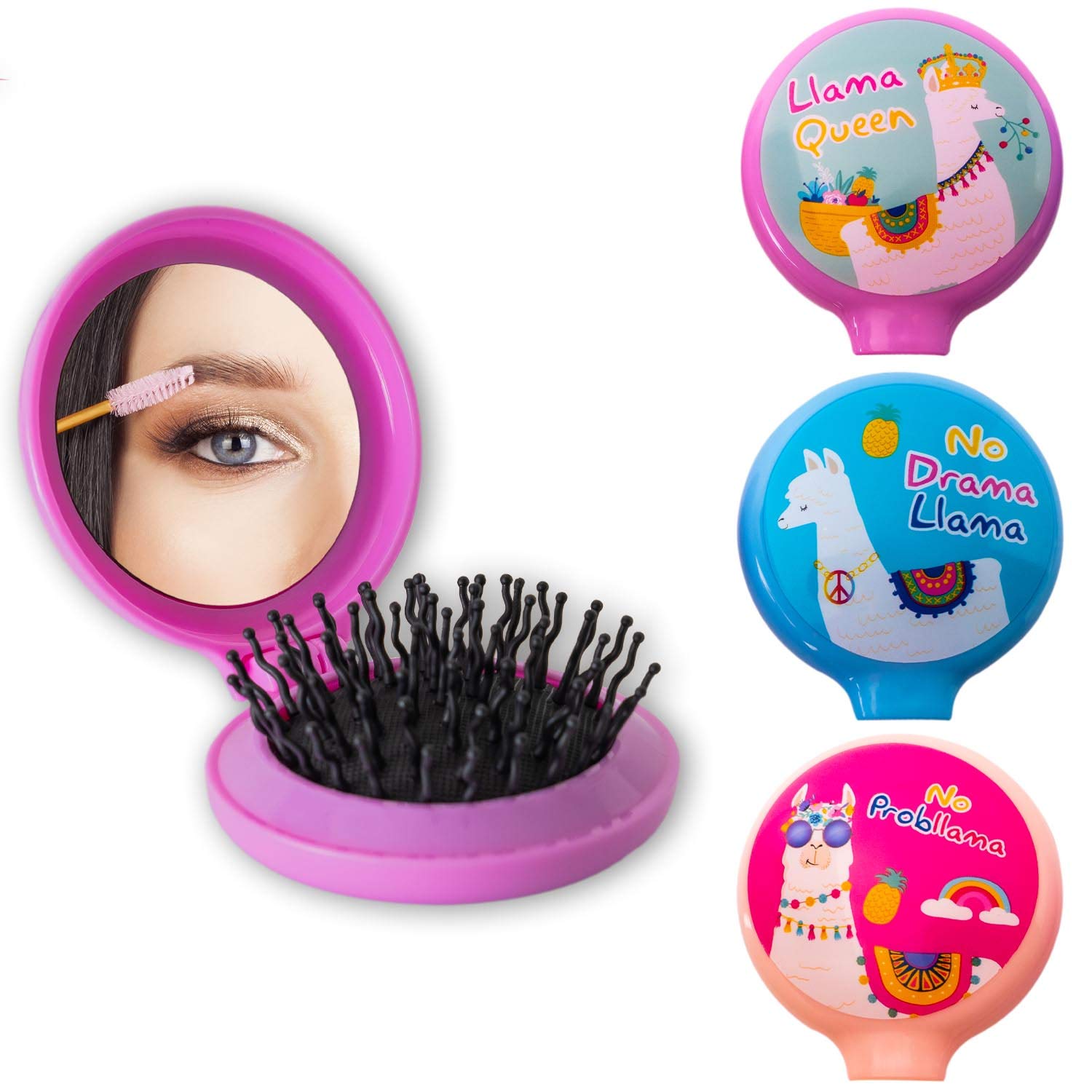Gifton - Round Llama Travel Hair Brush with Mirror | Folding Pocket Hairbrush & Massage Comb | Compact Travel Size for Women & Girls | Perfect for On-the-Go Styling, Purse & Travel Essentials (1 Pack)