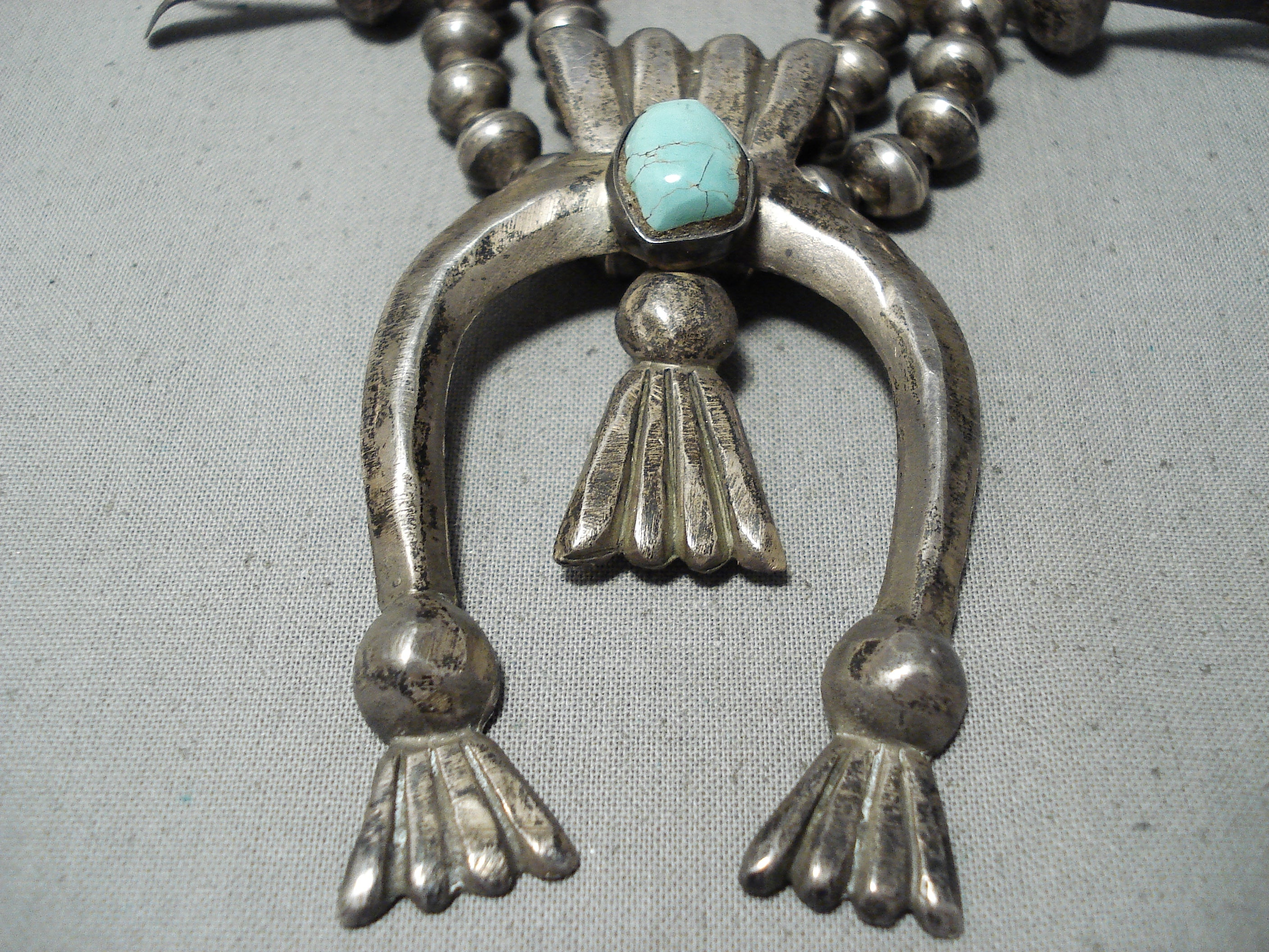 1920's Vintage Navajo Turquoise Sterling Silver Squash Blossom Necklace - Authentic Native American Jewelry for Women, Perfect for Boho Fashion, Weddings & Special Occasions