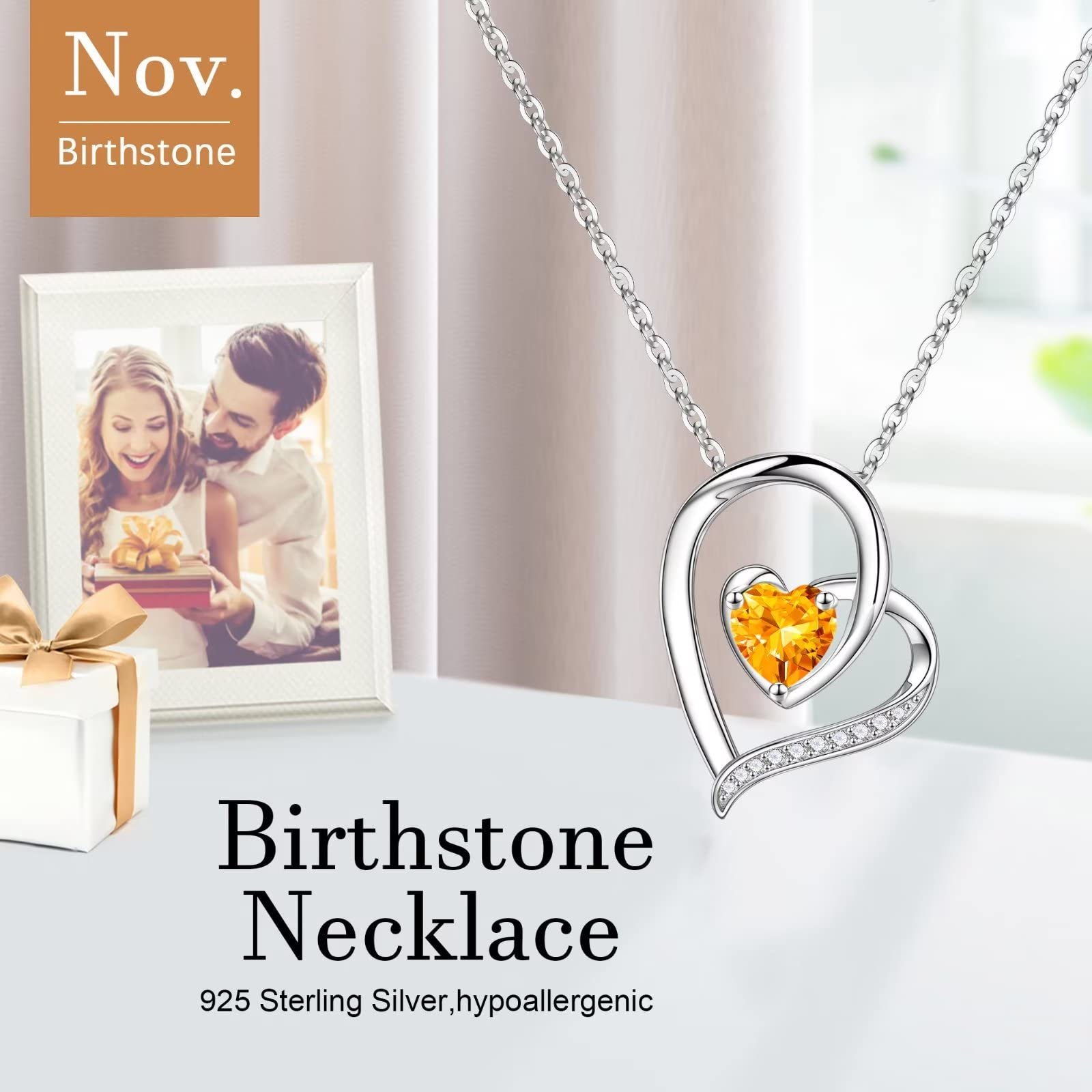 Iefil 925 Sterling Silver Heart Birthstone Necklace for Women - Personalized Mothers Day, Anniversary & Birthday Jewelry Gift for Wife, Mom | Elegant Pendant for Everyday Wear & Special Occasions