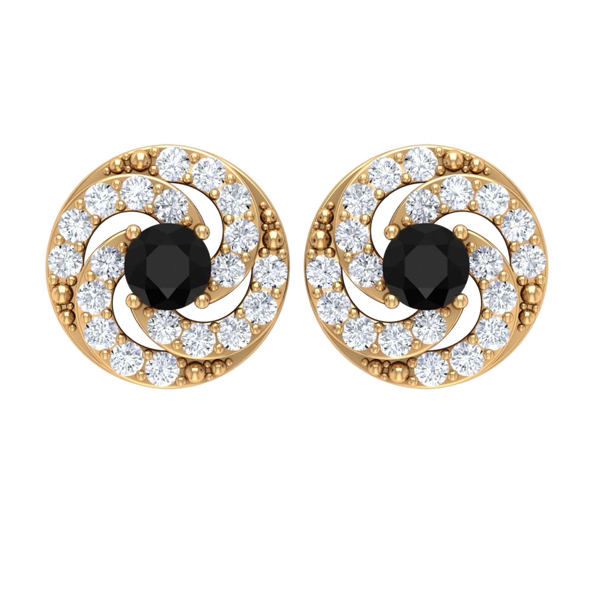 1/4 CT Black Spinel & Diamond Stud Earrings for Women - 14K Solid Gold Swirl Design, August Birthstone Jewelry - Perfect for Gifts, Parties & Everyday Wear