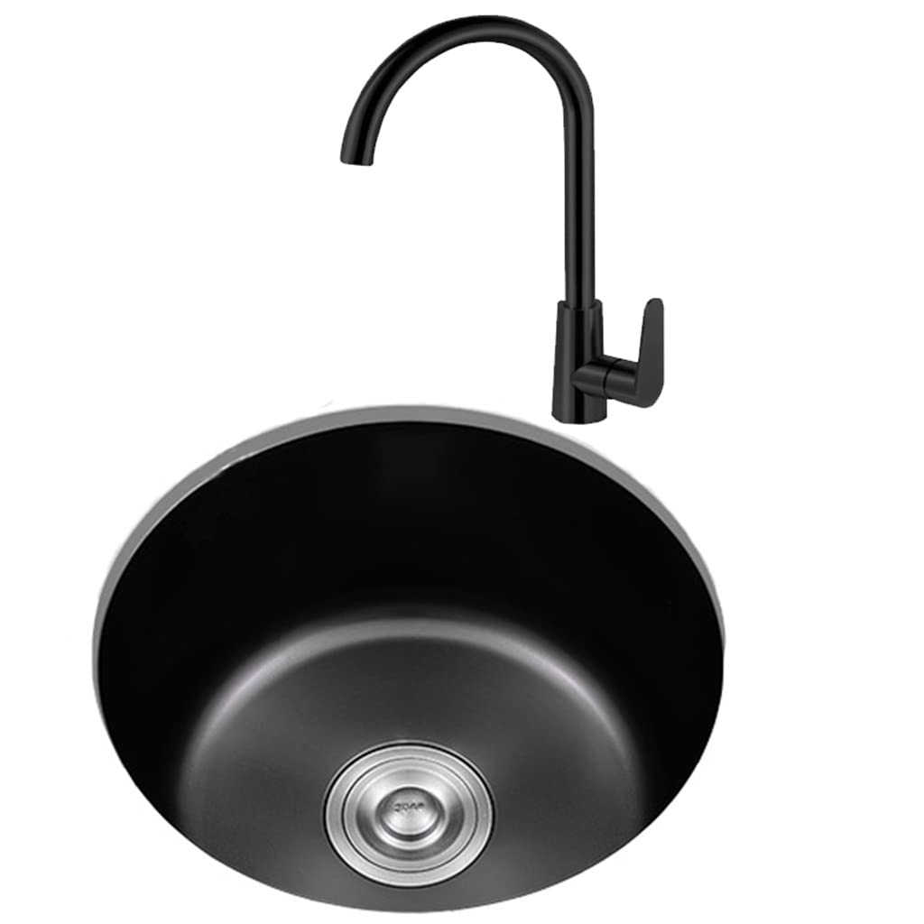 Premium Black Round Stainless Steel Kitchen Sink - Single Bowl Drop-in/Undermount Bar Sink with Drain Basket & Big Bend Faucet | Ideal for Small Kitchens, Bars, RV & Outdoor Use