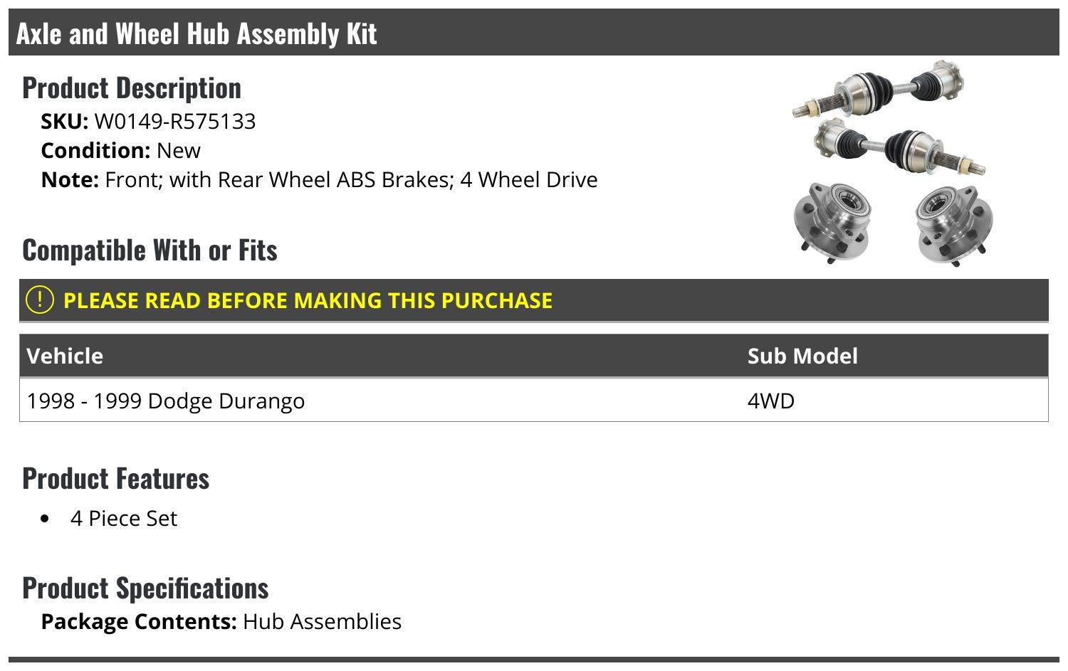 Axle and Wheel Hub Bearing Assembly Kit 4-Piece for 1998-1999 Dodge Durango 4WD with Rear ABS Brakes - Replacement Parts for Smooth Ride & Off-Road Performance