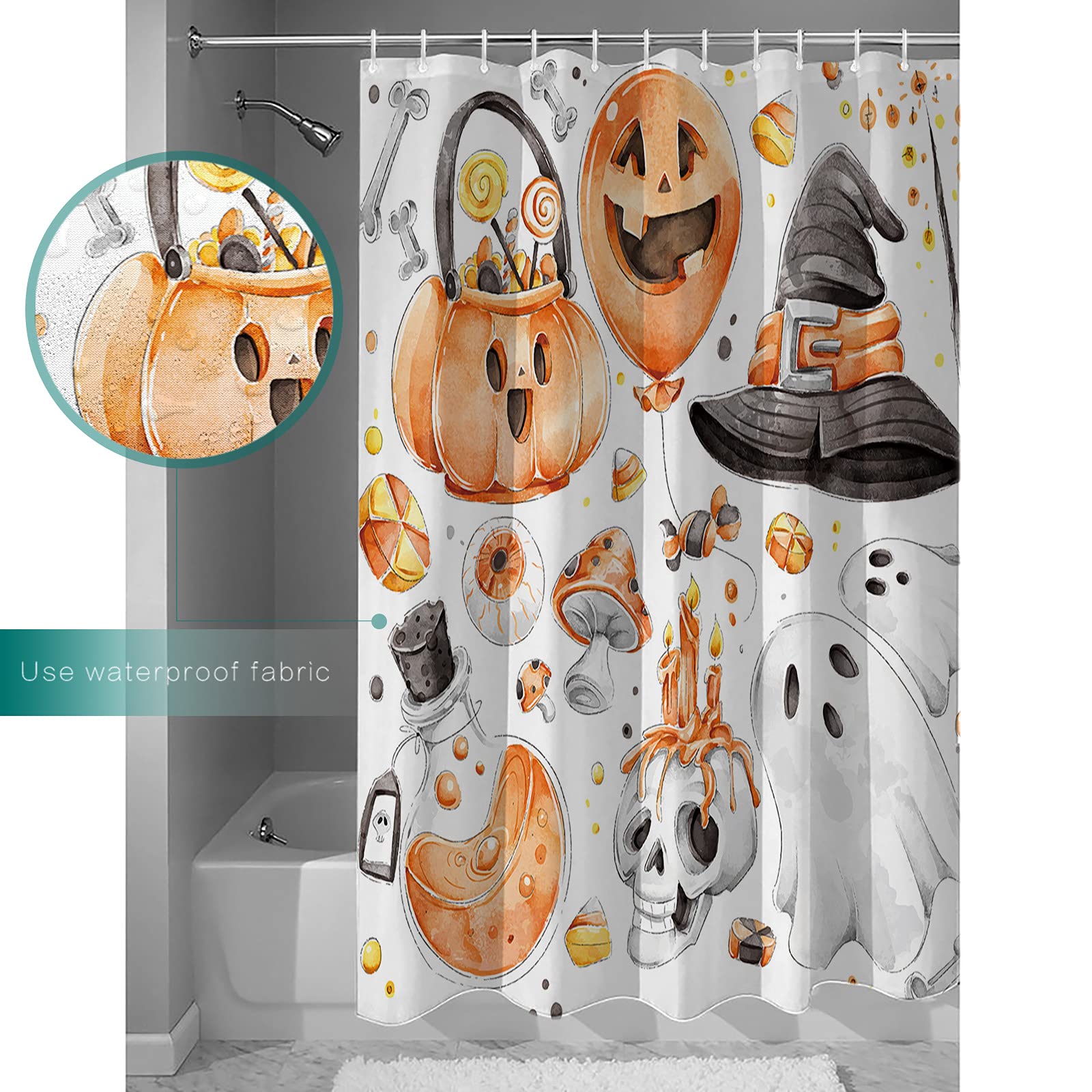 Halloween Orange Balloon Ghost Skeleton Hat Fabric Shower Curtain Set with Hooks - 72x72 Inch Waterproof Bathroom Decor for Spooky Holiday Theme (Perfect for Halloween Parties, Haunted House Decor & Gothic Bathroom Styling)