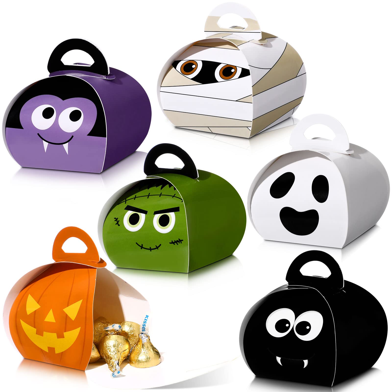 36-Piece Halloween Trick or Treat Goodie Boxes with Handle - Candy Containers for Party Favors, Horror Decorations (6 Assorted Patterns) - Perfect for Halloween Parties, School Events & Neighborhood Treating