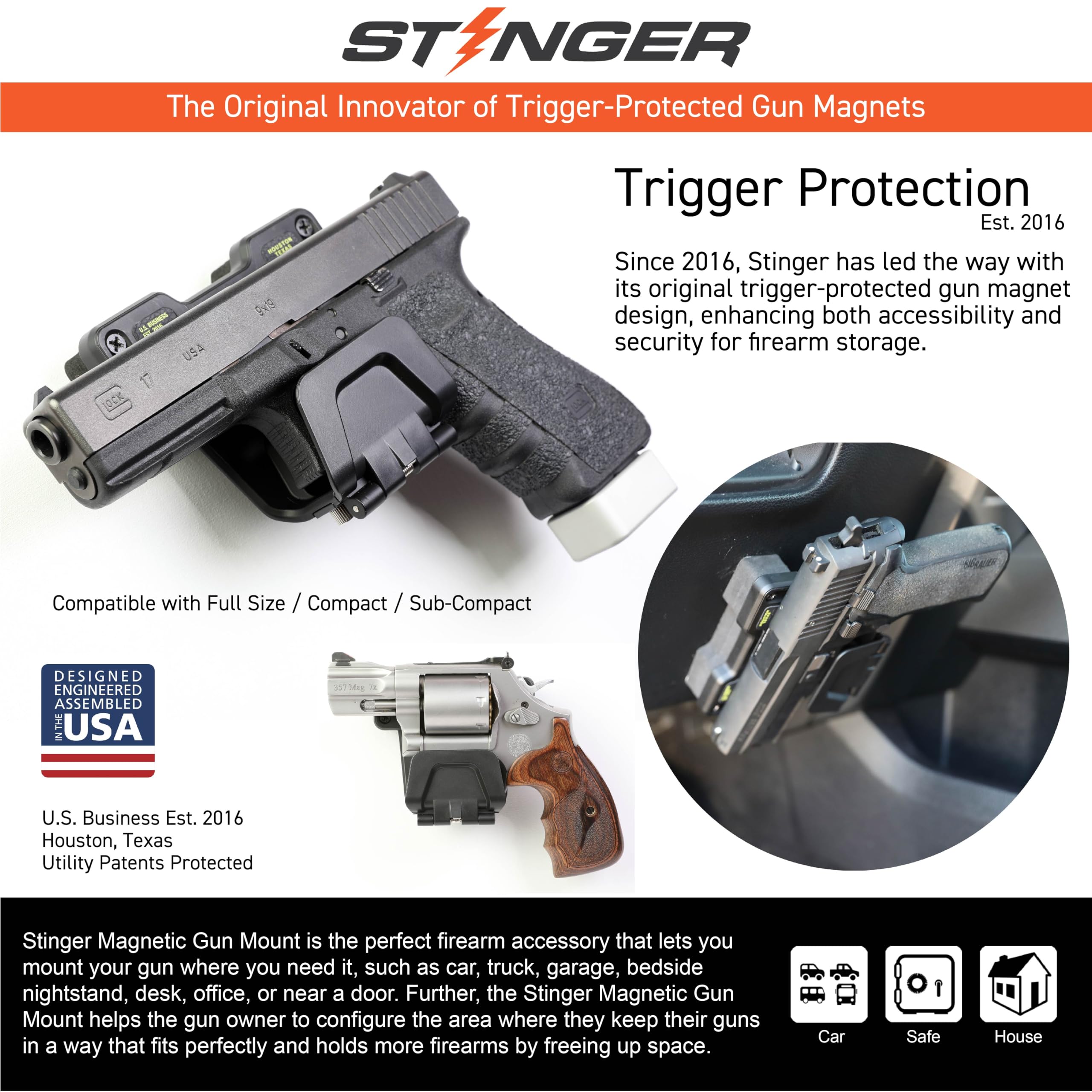 Stinger Magnetic Gun Mount Rack with Trigger Guard Protection | Vehicle & Home Concealed Gun Holder for Handgun, Rifle, Shotgun, Pistol, Revolver | Perfect for Car, Truck, Desk, Safe & Wall Installation