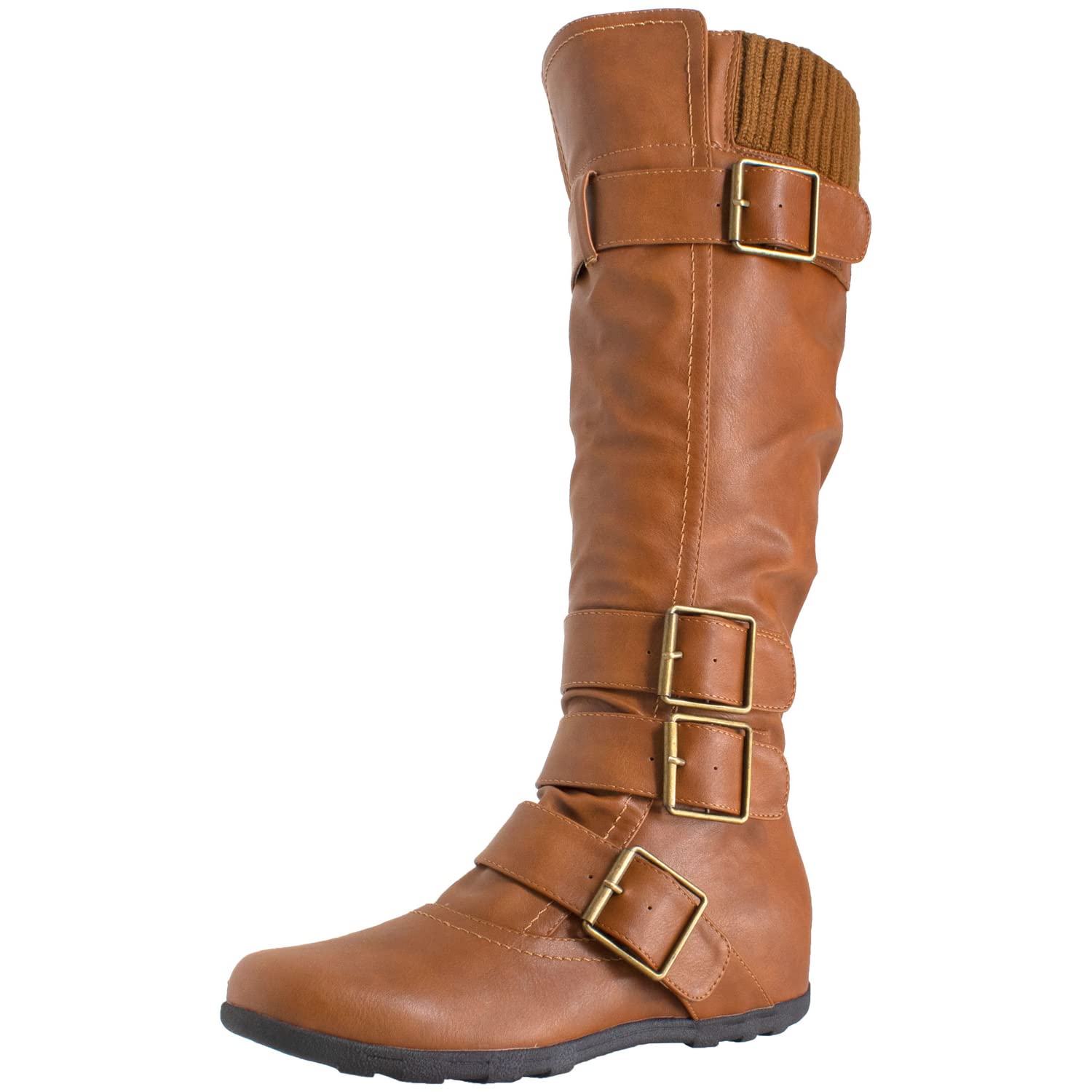 Stylish Generation Y Women's Knee High Boots - Knitted Mid Calf Flats with Buckle Details & Wedge Rubber Sole | Perfect for Fall/Winter Fashion, Office Wear & Casual Outings