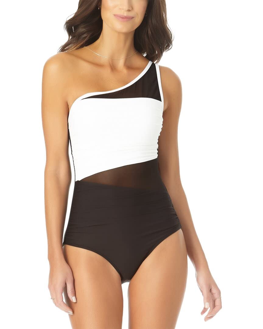 Anne Cole Asymmetrical Shirred Mesh Insert One-Piece Swimsuit - Black & White - Size 8 | Flattering Swimwear for Women, Beach Vacation & Poolside Relaxation