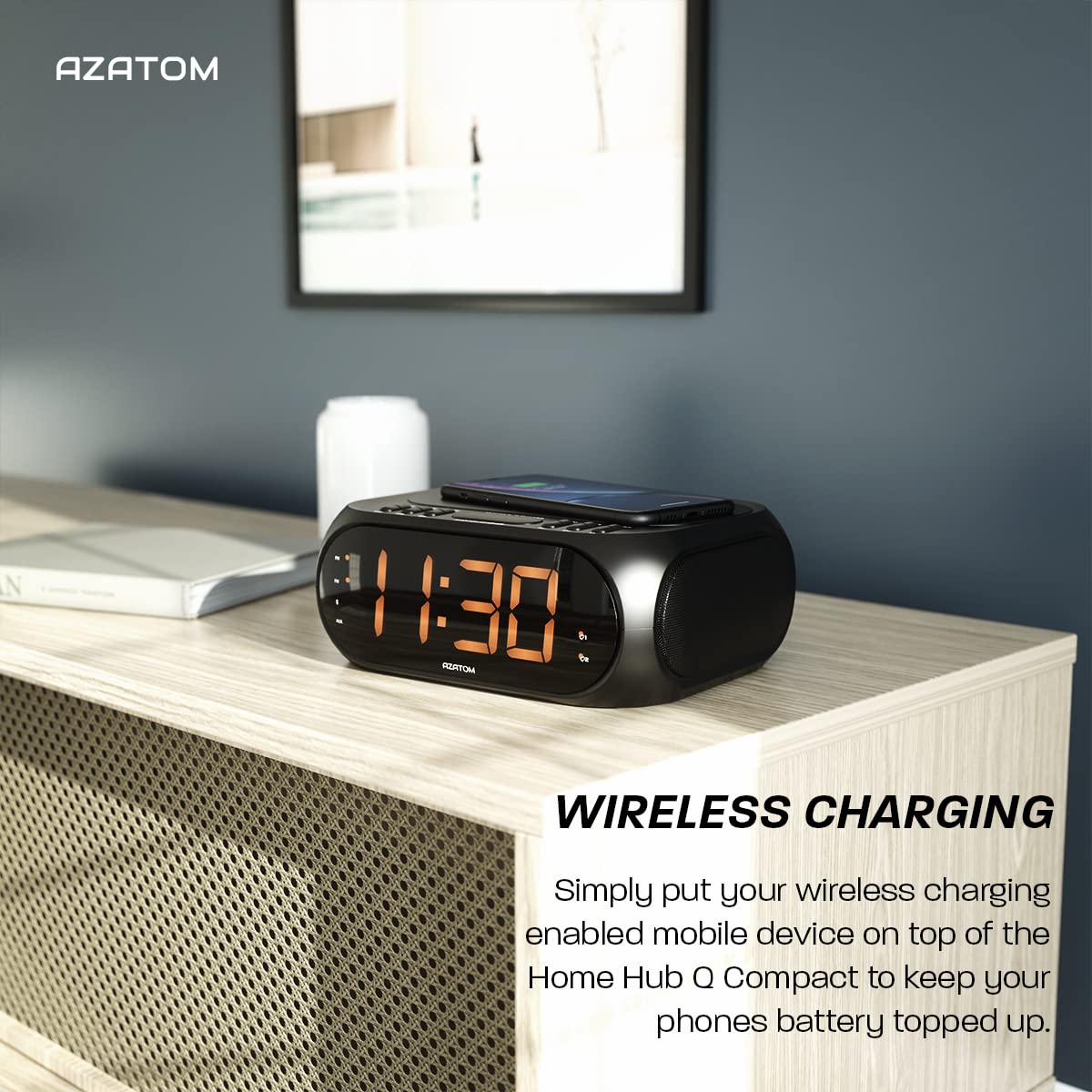 AZATOM Homehub Compact Bluetooth Alarm Clock with QI Wireless Fast Charger for iPhone & Android - Bedside Nightstand, Office Desk, Travel (Black)