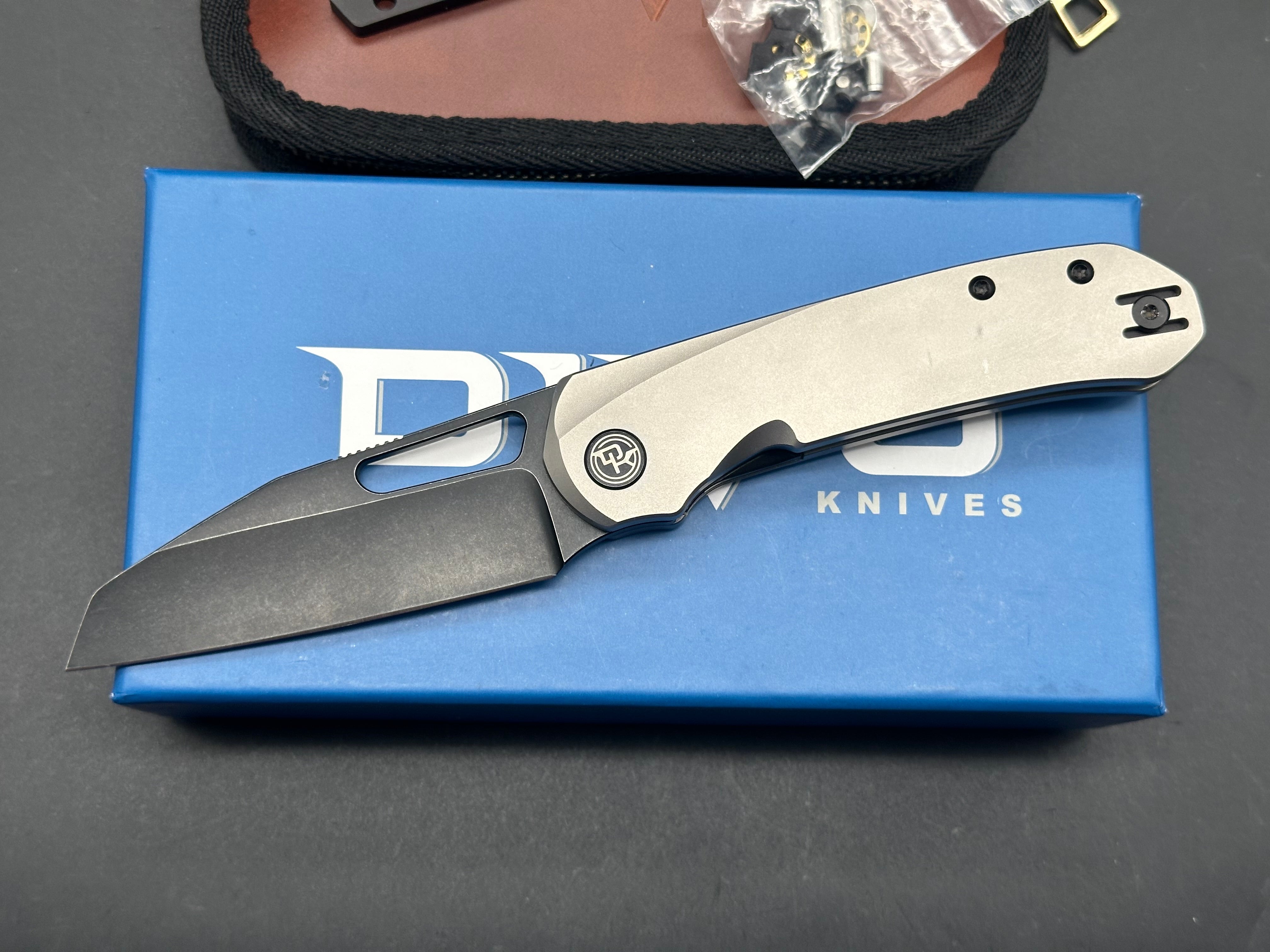 Divo Knives Buzz Reverse Tux Bead Blasted Titanium Folding Knife - Black Washed 20CV Blade, Zircuti Back Spacer & Skiff Bearings - EDC, Outdoor, Camping & Tactical Use