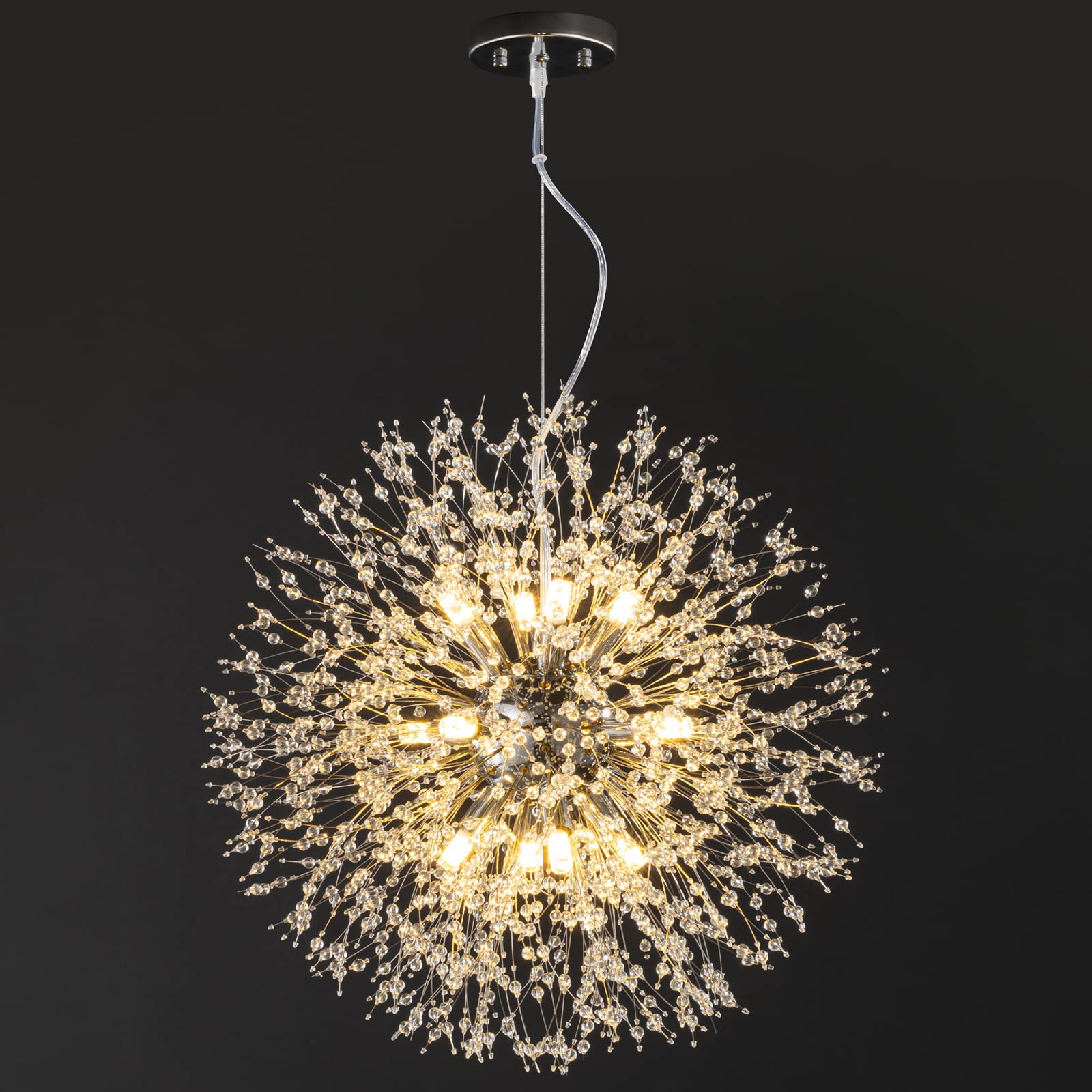 Modern Firework Dandelion Sputnik Chandelier - 12-Light Crystal Chrome Pendant Lighting Fixture for Kitchen Island, Dining Room, Bedroom & Living Room | Elegant Ceiling Decor for Home & Restaurant Lighting