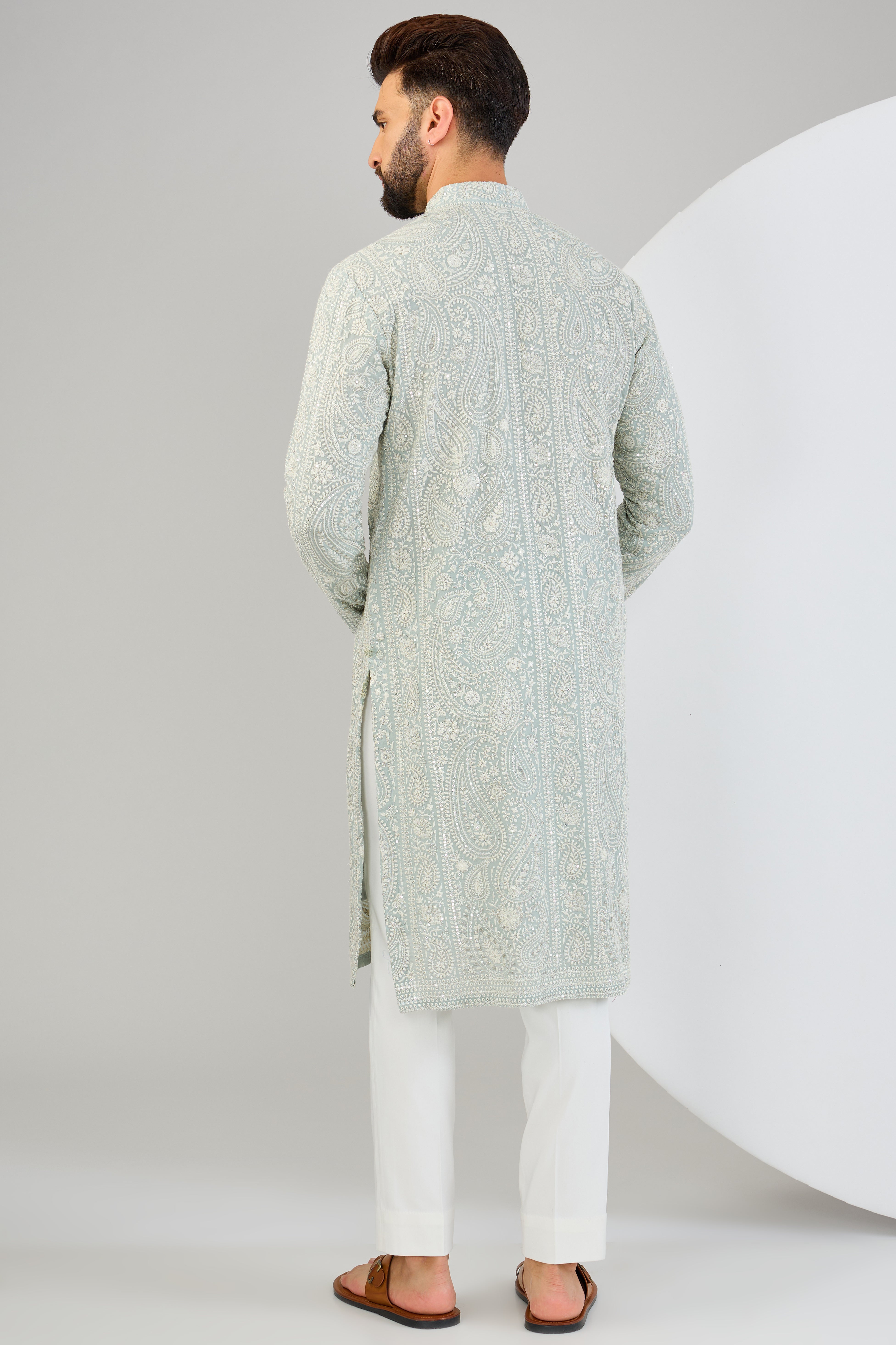 Elegant Ice Blue Chikankari Kurta with Paisley Embroidery - Perfect for Festivals, Weddings & Casual Wear