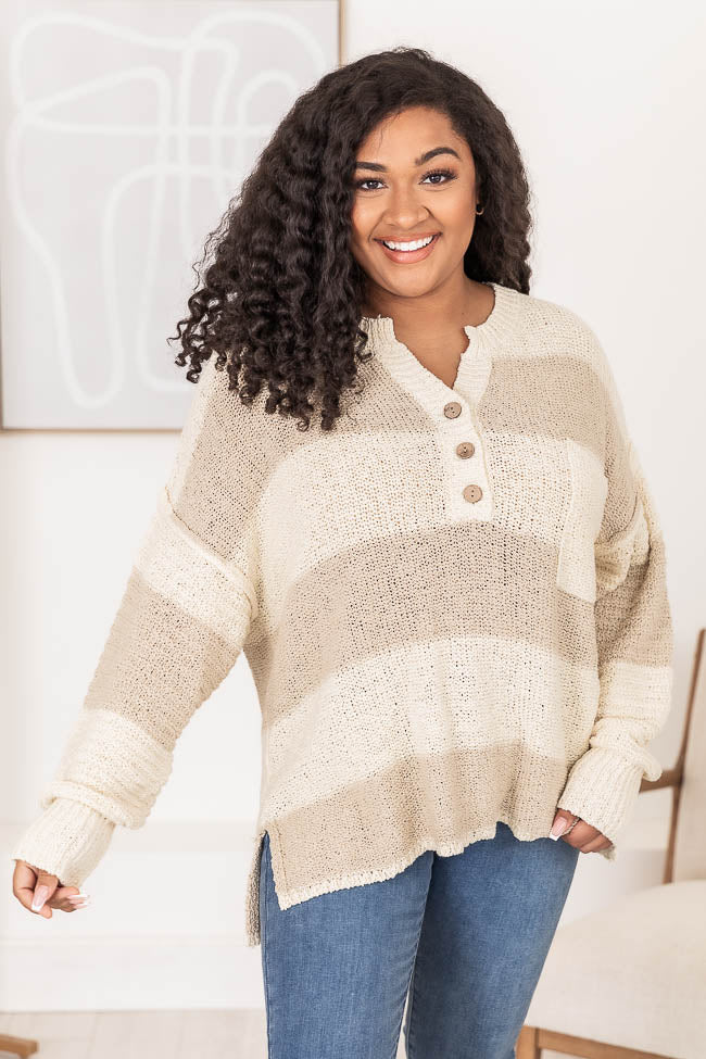 Best Beige Oversized Striped Henley Sweater for Women | Soft & Cozy Pullover | Casual Fall & Winter Fashion | Perfect for Layering, Coffee Dates & Weekend Outings