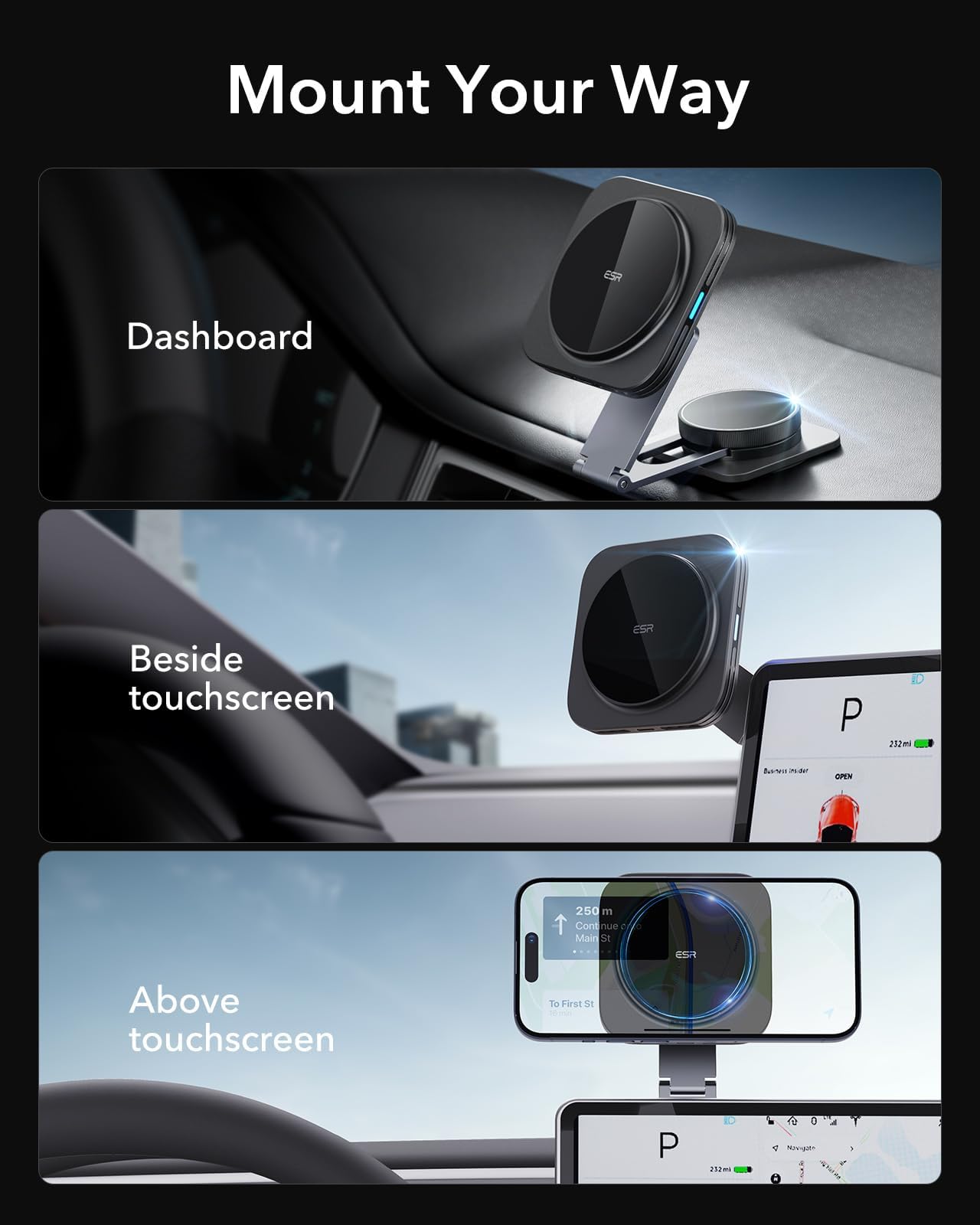 ESR MagSafe Car Mount Charger - Foldable Dashboard Magnetic Wireless Car Charger for Tesla & iPhone 15/14/13/12 - Strong Magnets Phone Holder (Black) | Perfect for Hands-Free Driving & GPS Navigation