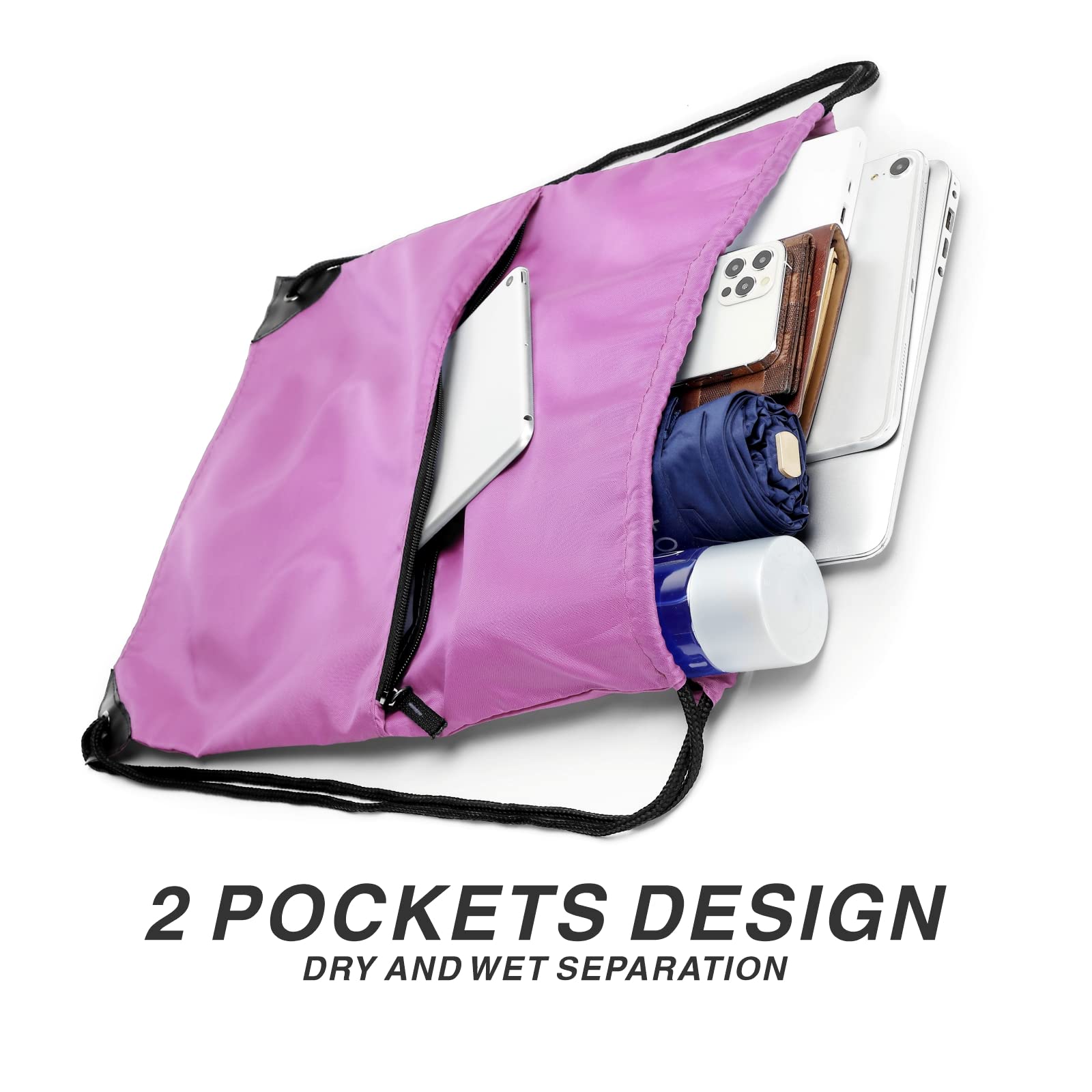 210D Nylon Drawstring Backpack with Zipper Side Pocket - Foldable Lightweight Sports Gym Tote Bag for Men & Women (Pink) - Perfect for Workouts, Travel, School & Outdoor Activities