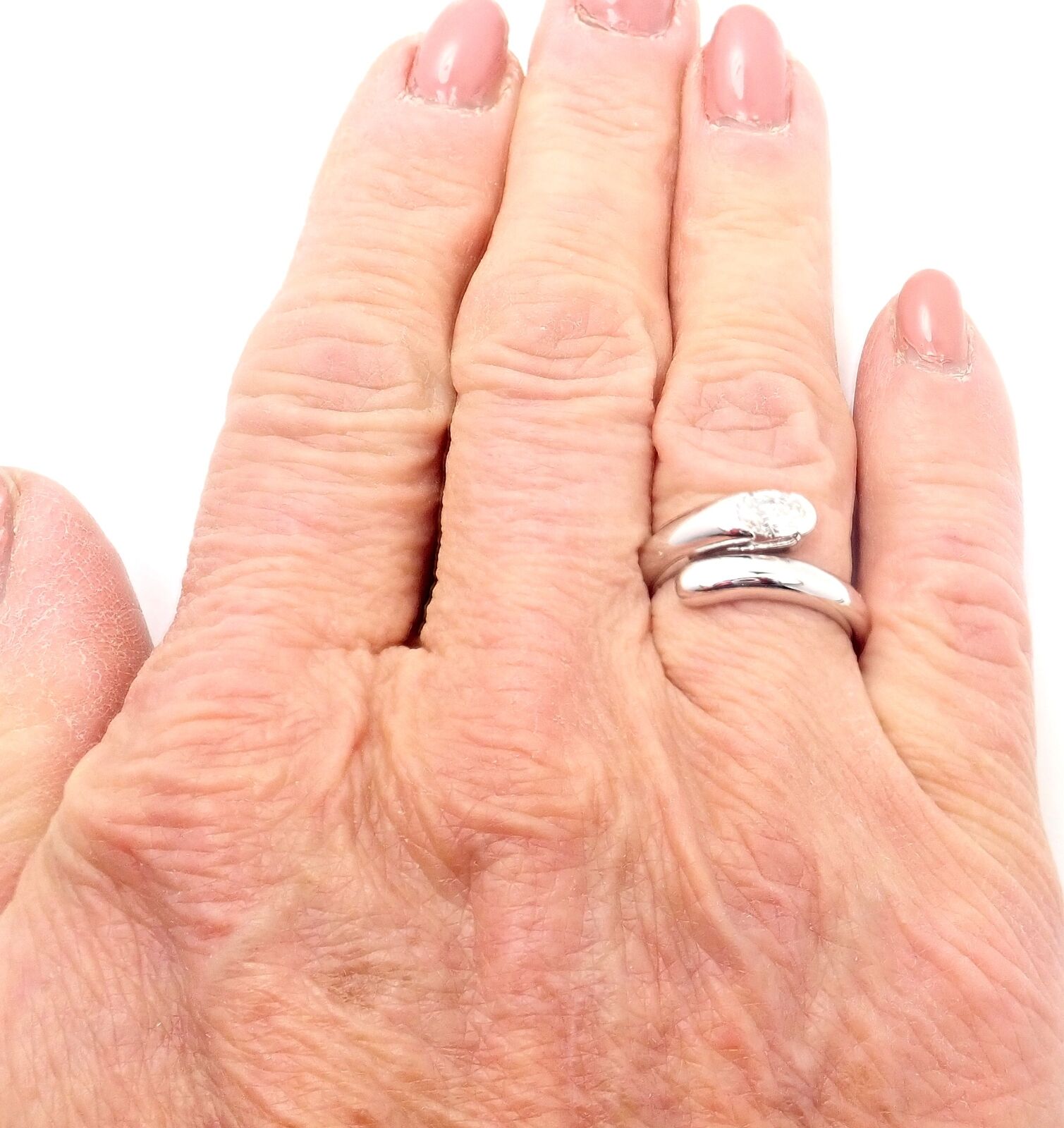Authentic Bulgari Bvlgari 18k White Gold Diamond Bypass Band Ring - Luxury Jewelry for Women, Elegant Gift for Anniversary, Wedding & Special Occasions
