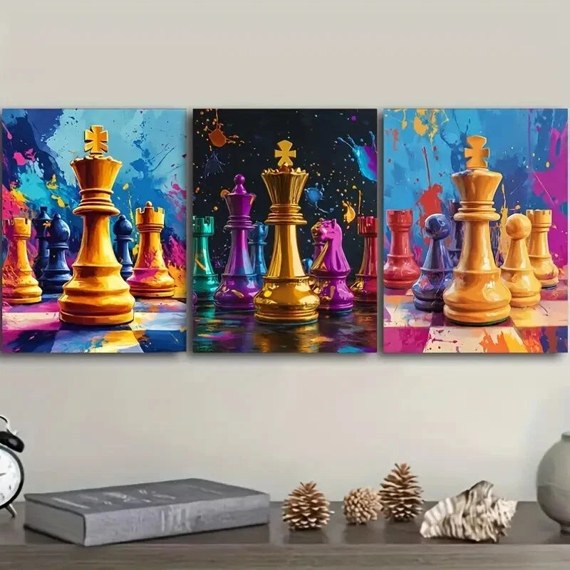 3-Piece Digital Chess Piece Wall Art Set - Framed Canvas 40x60cm | High Quality Print | 100% Australian Made | Ready to Hang | Perfect for Game Rooms, Offices & Home Decor