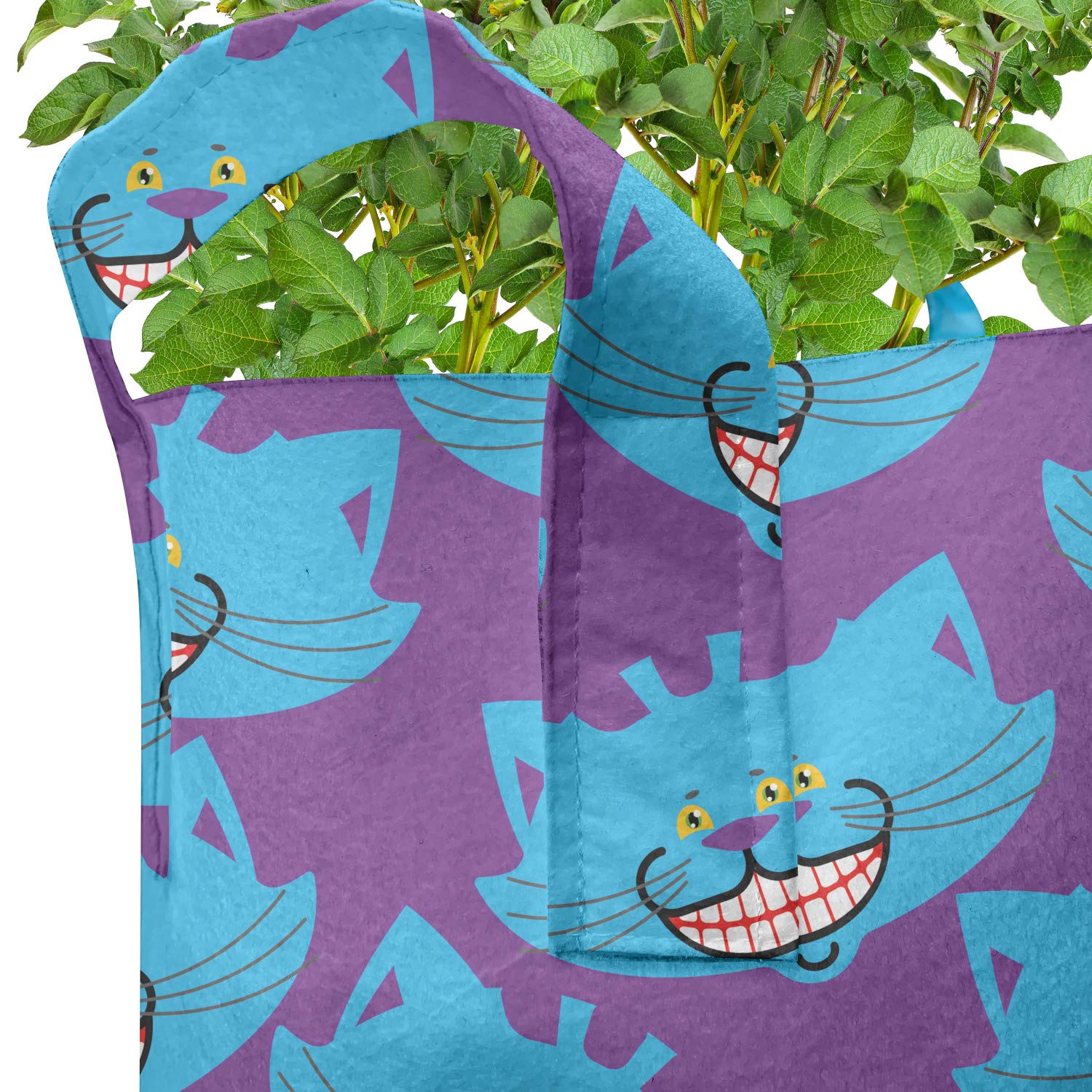 Lunarable Alice in Wonderland 5-Pack Grow Bags - Heavy Duty Fabric Plant Pots with Handles, 5 Gallon Capacity in Purple & Blue (Cheshire Cat Design) - Perfect for Indoor/Outdoor Gardening, Vegetables, Flowers & Herbs