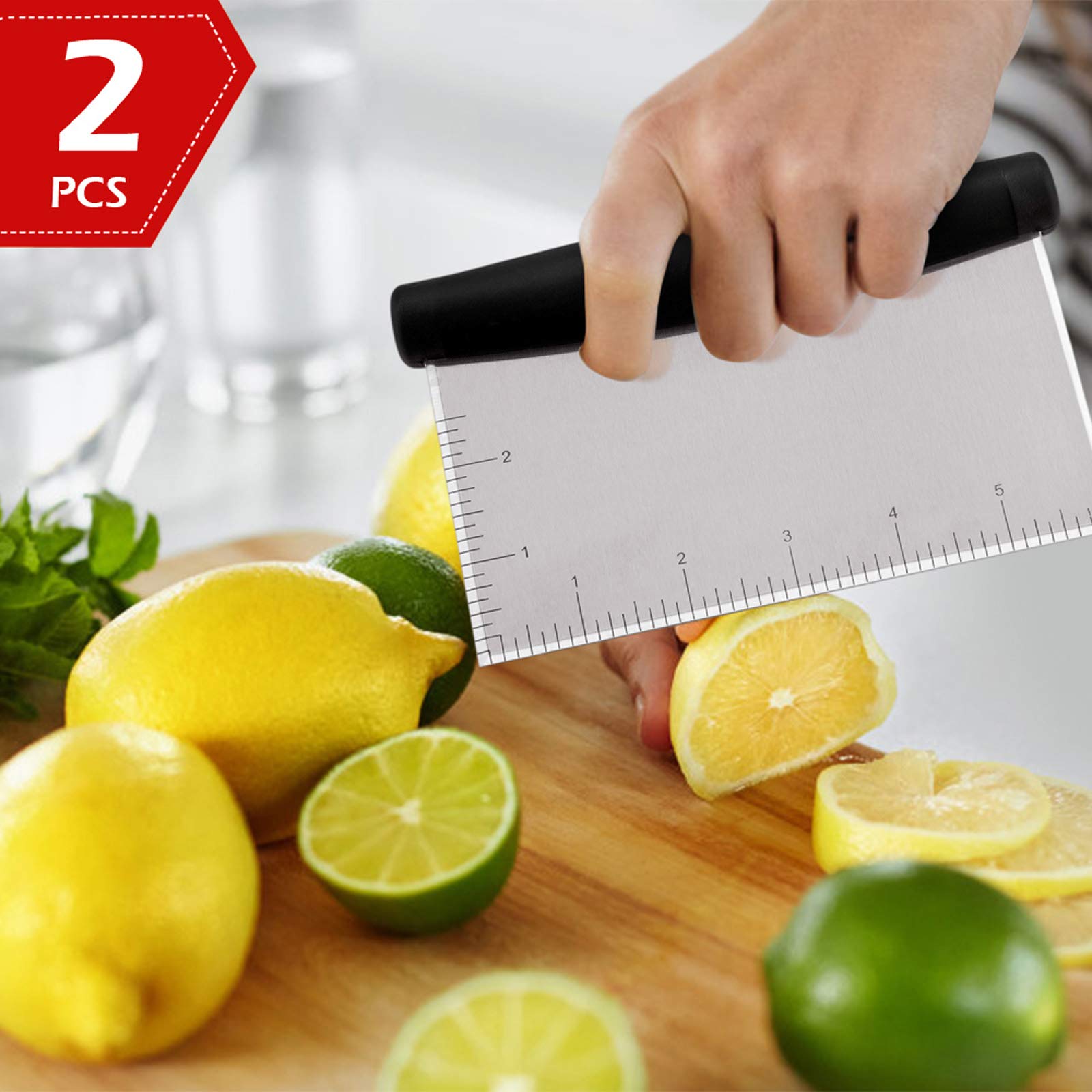HaSteeL Stainless Steel Griddle Scraper & Dough Cutter - Multi-Purpose Kitchen Tool with Measuring Marks for Grilling, Baking, Cooking - Dishwasher Safe (2-Pack) - Perfect for BBQ, Pizza Making & Pastry Prep