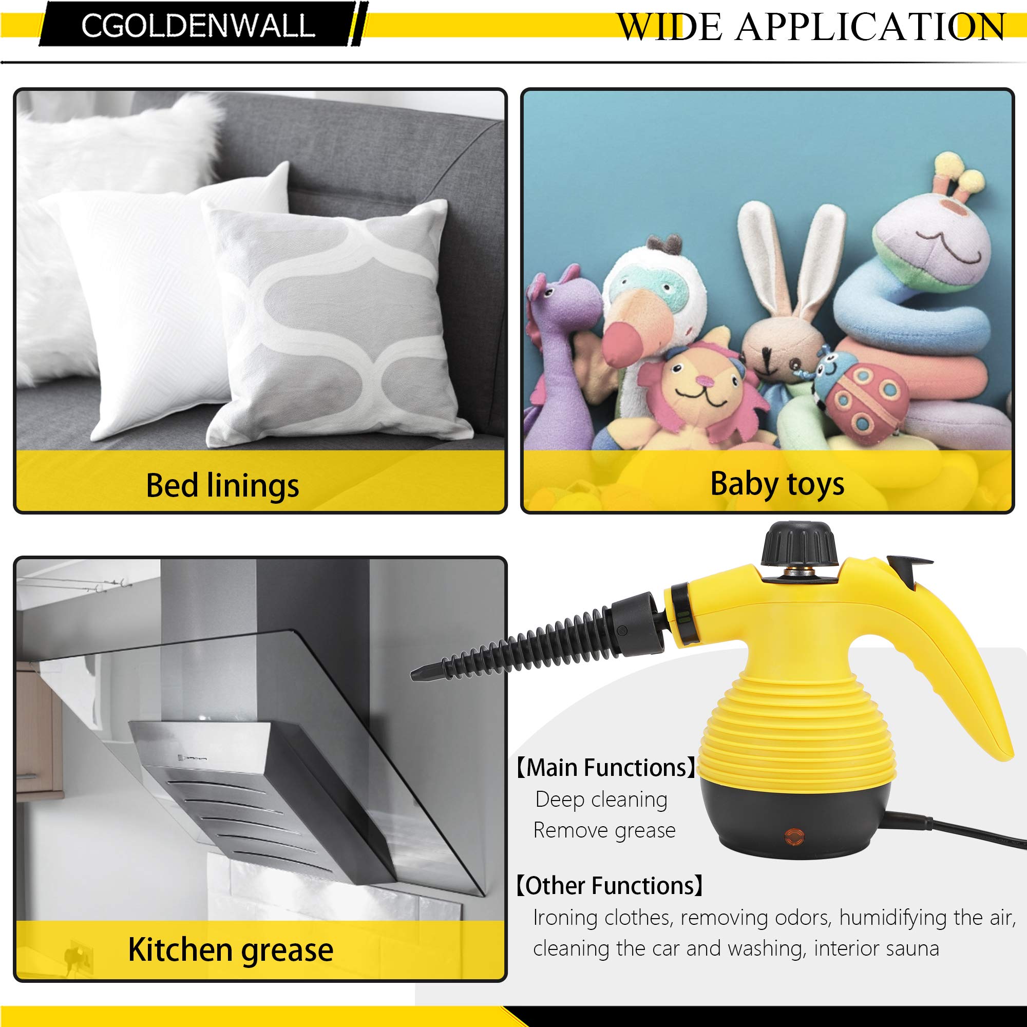 CGOLDENWALL Handheld Steam Cleaner - 1500W High Pressure Portable Steamer for Deep Cleaning, Sanitizing & Stubborn Stain Removal | Multi-Purpose Household Cleaning Tool for Floors, Tiles, Grout, Upholstery & More | Perfect for Kitchen, Bathroom & Car Detailing