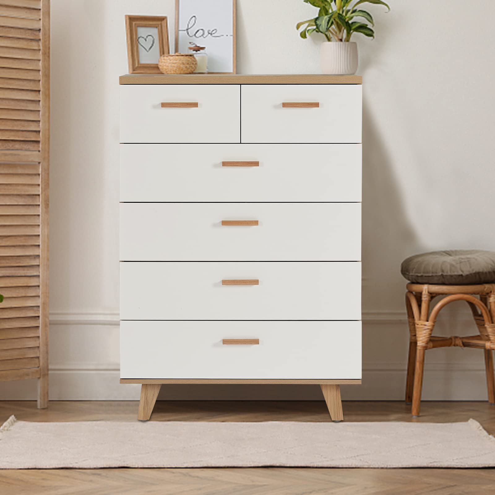 6-Drawer Dresser with Wood Grain Tabletop & White Drawers - Solid Wood Handles & Legs - Tall Bedroom Storage Cabinet & Nightstand for Living Room, Bedroom, Dorm - Organize Clothes, Books & Home Decor (White)