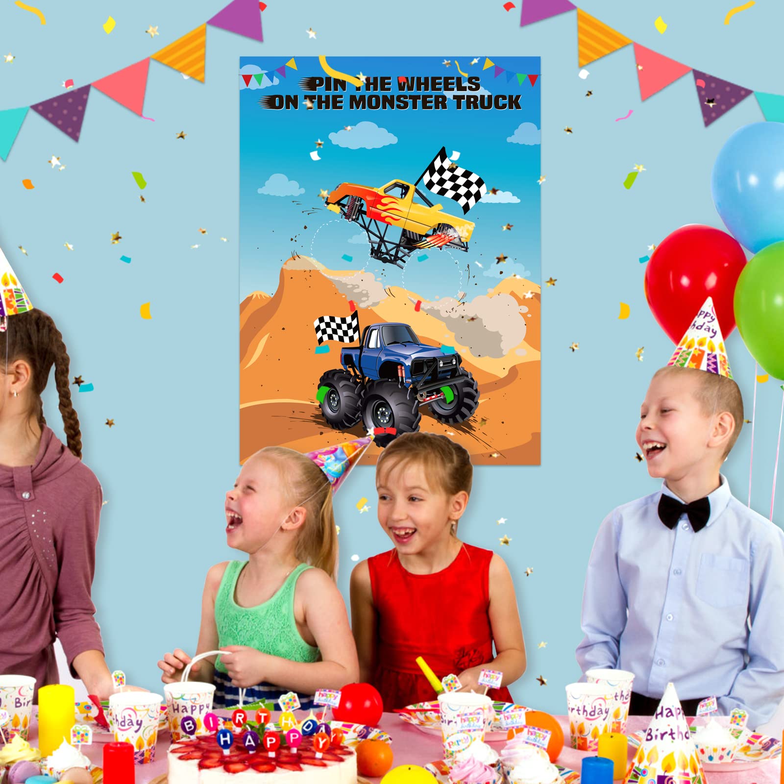 ASTARON Pin The Wheels on The Truck Party Game - 30 Tire Stickers for Car Theme Birthday, Baby Shower & Christmas Party Supplies | Fun Kids Activity, Boys Party Favors & Holiday Gift Idea