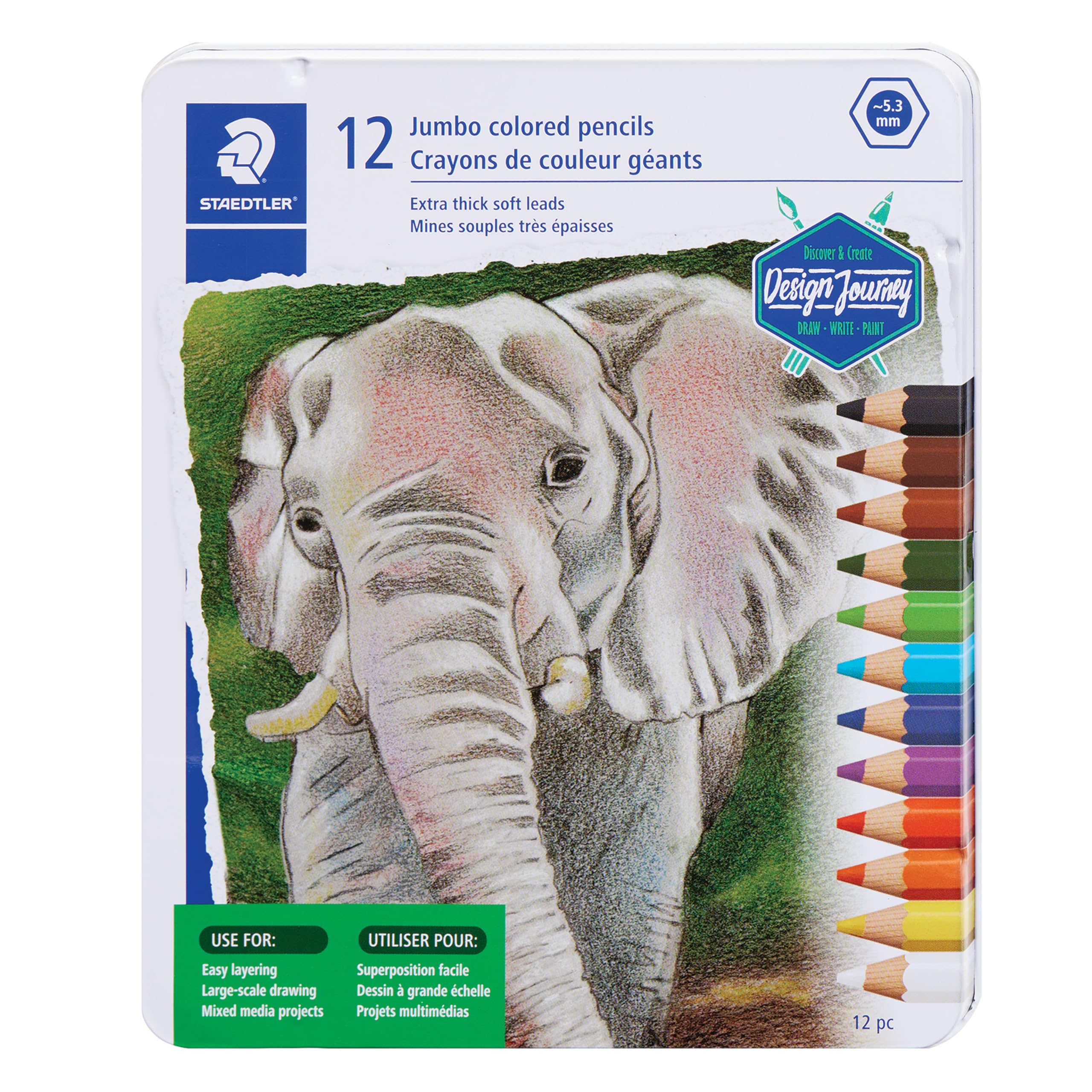 STAEDTLER Jumbo 12-Colored Pencils in Metal Tin - 5.3mm for Kids Art & Drawing