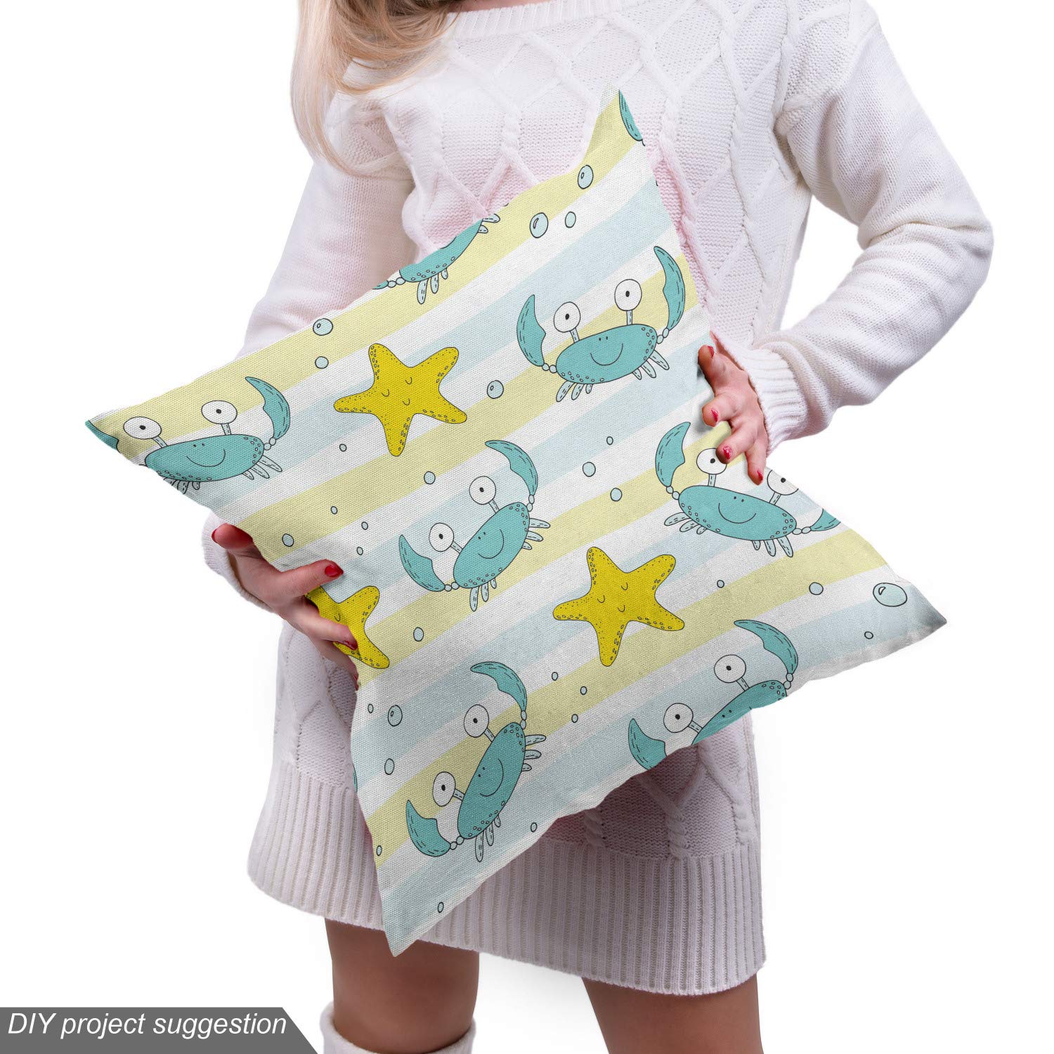 Ambesonne Marine Fabric by The Yard - Ocean Theme with Crabs, Starfish, Bubbles & Lines - Decorative Upholstery Fabric for Sofa, Curtains & Home Decor - 10 Yards Yellow Seafoam - Perfect for Coastal Living Rooms, Beach House Decor & Nautical Themed Bedrooms