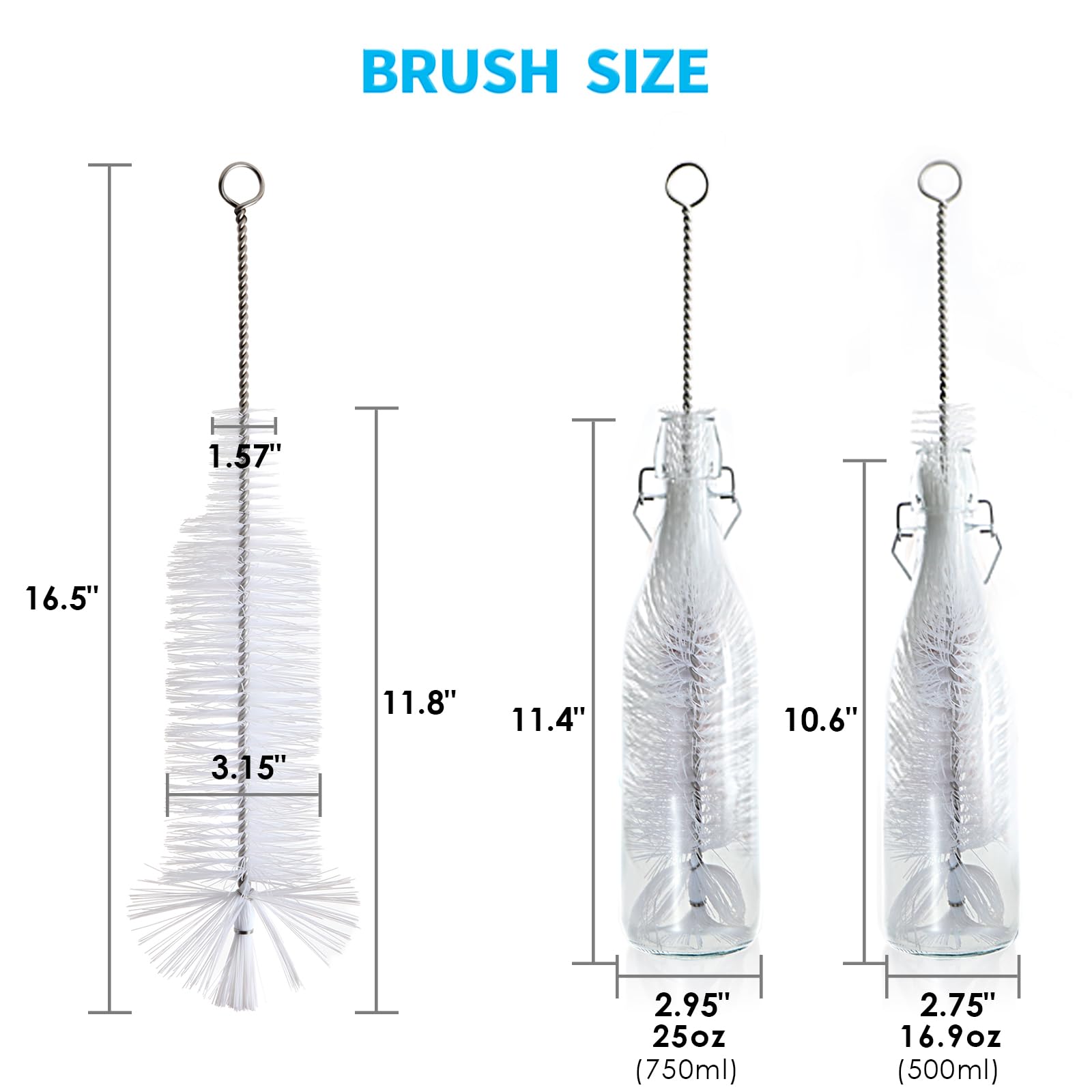 Premium Bottle Brush for Cleaning Wine Bottles, Beer Bottles, Soda Bottles & Narrow Neck Containers - Extra Long Durable Bristles (White, 1PC) - Perfect for Home Bars, Breweries & Kitchen Cleaning