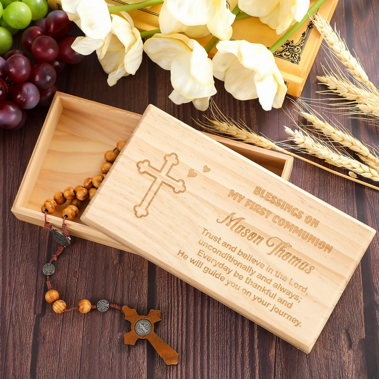 Engraved First Communion Valet Box - Wooden Keepsake Box with Cross and Rosary for Rosary Beads, Jewelry, Mementos - Perfect Holy Communion Gift for Boys & Girls - Ideal for Church, Home Display, and Special Occasions