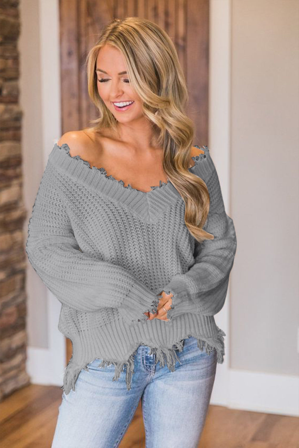 Frayed Hem Drop Shoulder Sweater for Women - Cozy Oversized Knit Pullover for Fall & Winter Layering