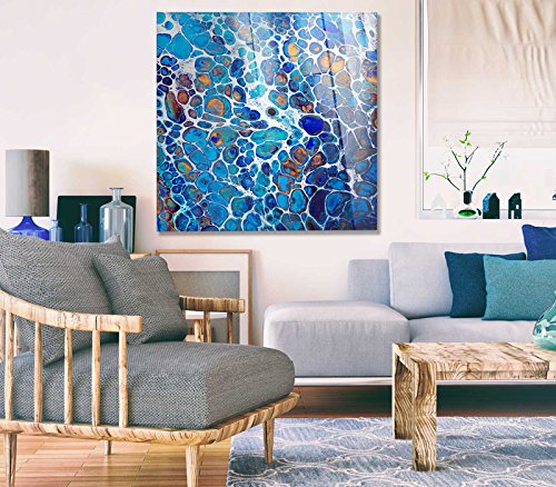 Giallobus Acrylic Glass Plexiglass Wall Art - 100x100cm Modern Abstract Painting with Blue & White Bubble Design - Perfect for Living Room, Bedroom or Office Decor