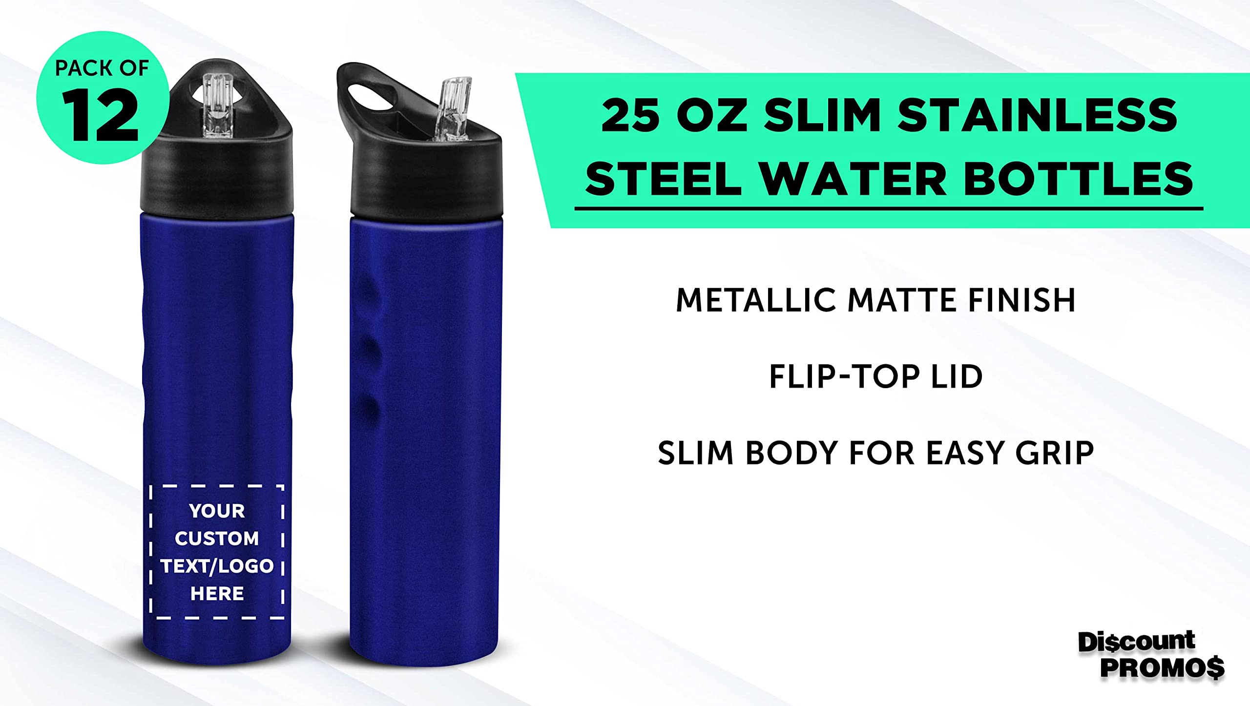 Custom Slim Stainless Steel Water Bottles 25oz (12 Pack) - Personalized Text & Logo - Reusable Gym & Sports Bottles - Bulk Pack - Blue - Perfect for Workouts, Hiking, Office & Outdoor Activities