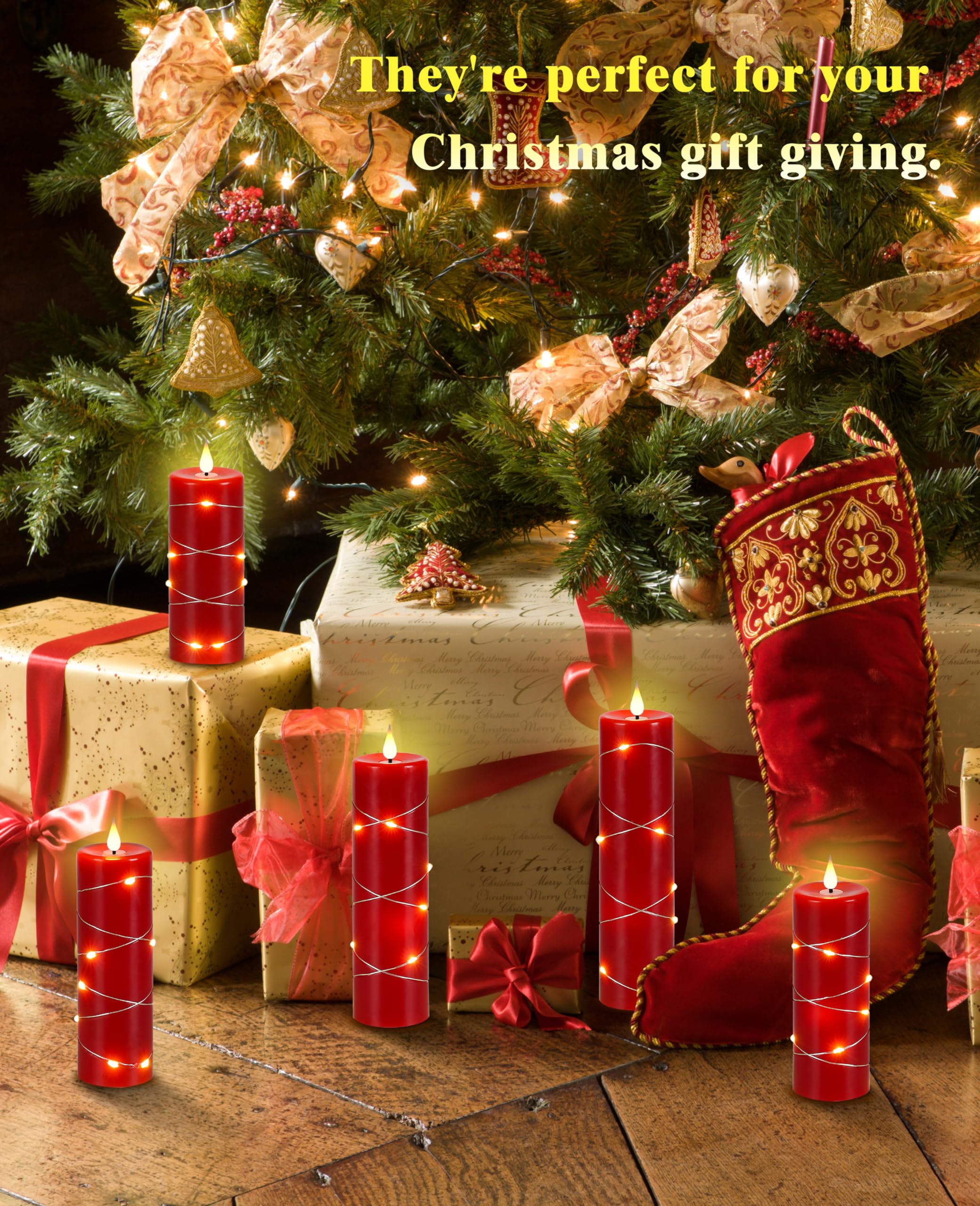 Upinmz Set of 5 Red Flameless LED Pillar Candles with Remote Control, Timer & Flickering String Lights - Battery Operated Decorative Candles for Home, Wedding, Party & Holiday Decorations