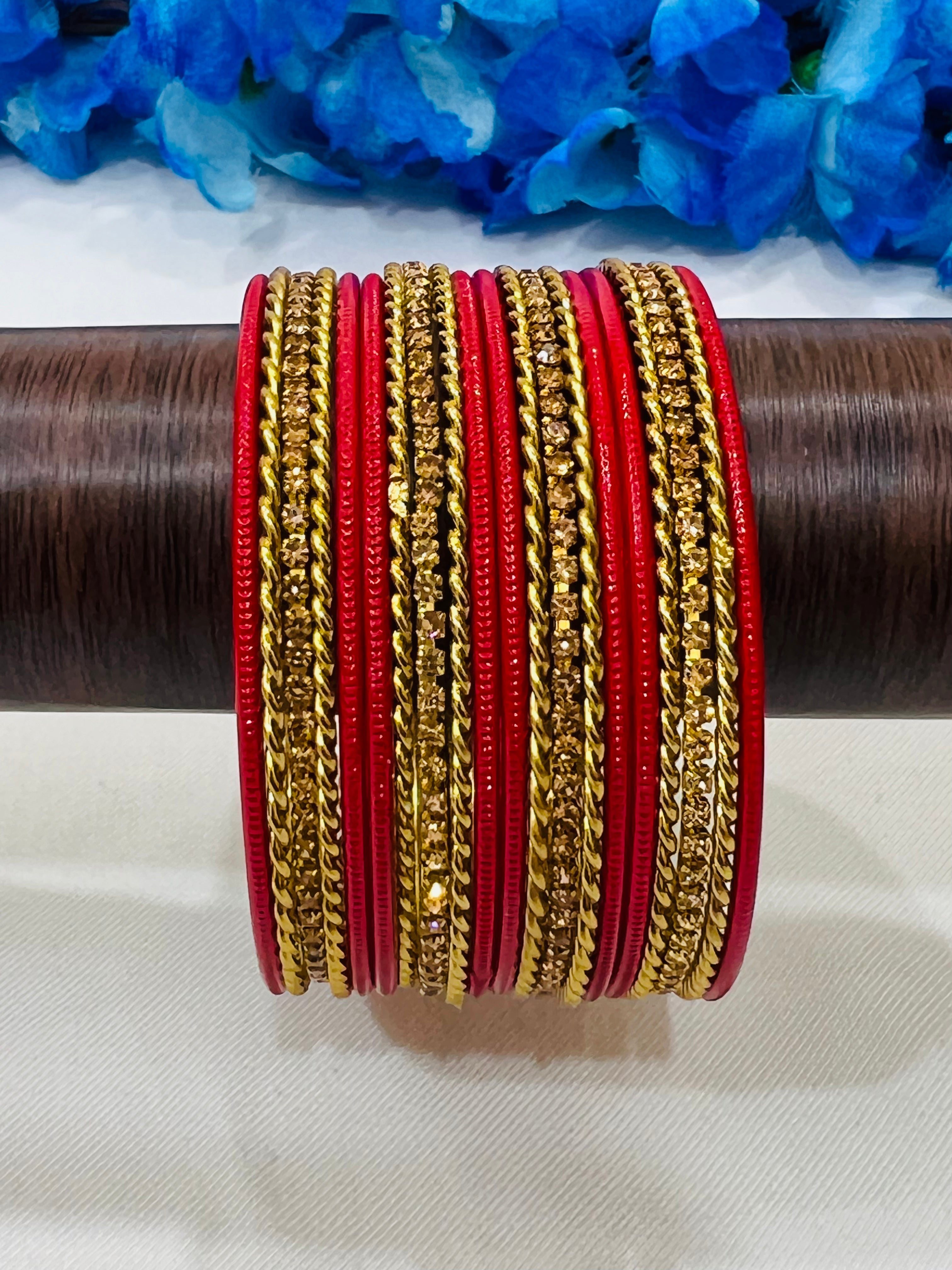 Elegant Red Metal Bangles with Glimmer Stones for Women | Stylish Fashion Jewelry for Parties, Weddings & Everyday Wear