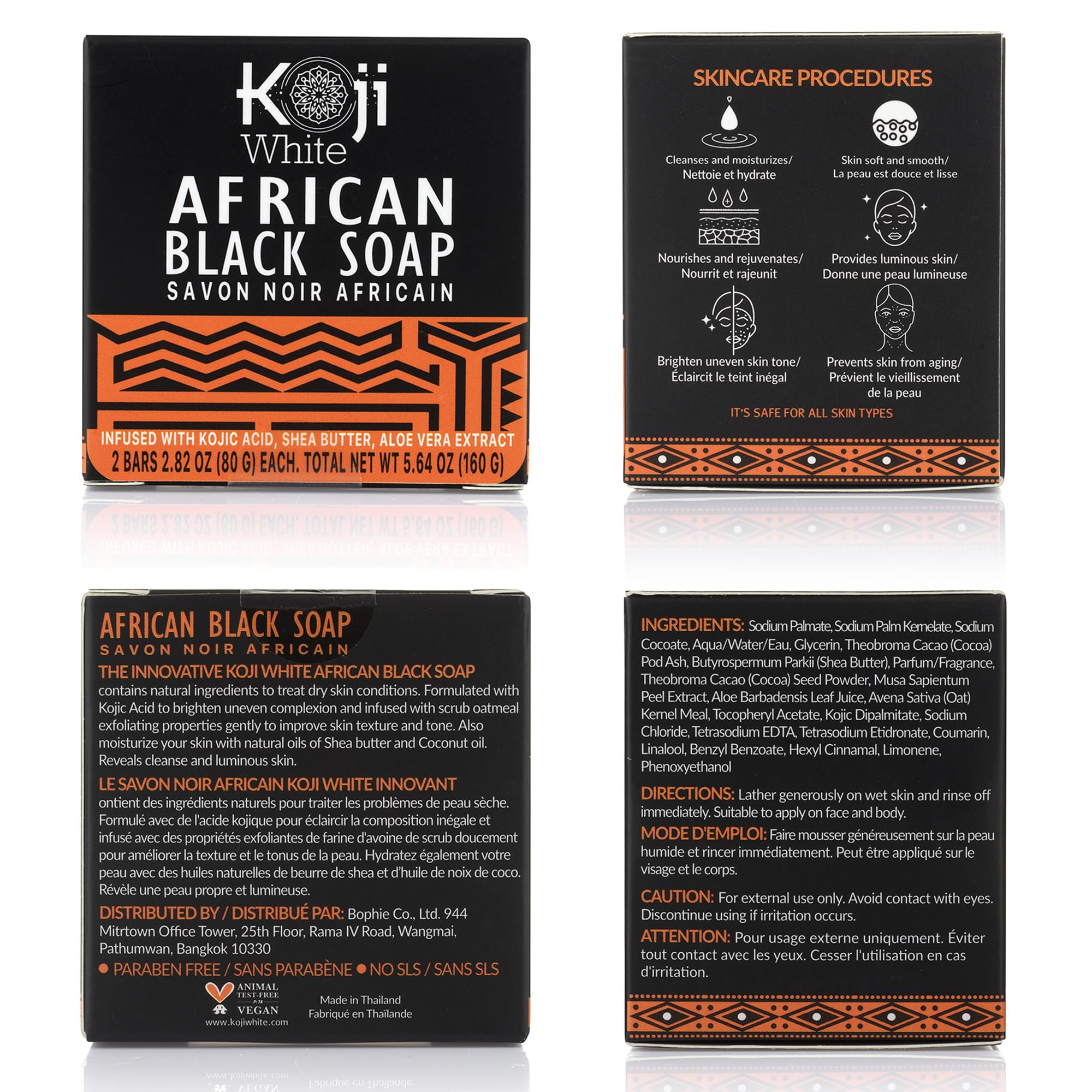 Koji White African Black Soap Bar with Kojic Acid - Exfoliating Body Wash & Face Cleanser with Shea Butter, Aloe Vera, Coconut Oil - Vegan, Paraben-Free, 2.82oz (2 Bars) - Perfect for Acne Treatment, Dark Spot Removal & Glowing Skin Care Routine