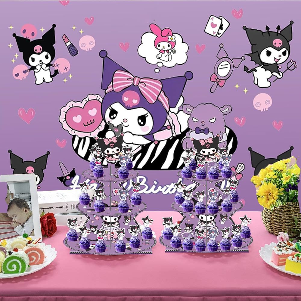 Kawaii Cartoon Birthday Decorations - 3 Tier Purple Cupcake Stand for Kids Party Supplies | Dessert Display Stand for Birthday, Baby Shower & Wedding | Cute Paper Cupcake Holder for Party Decor