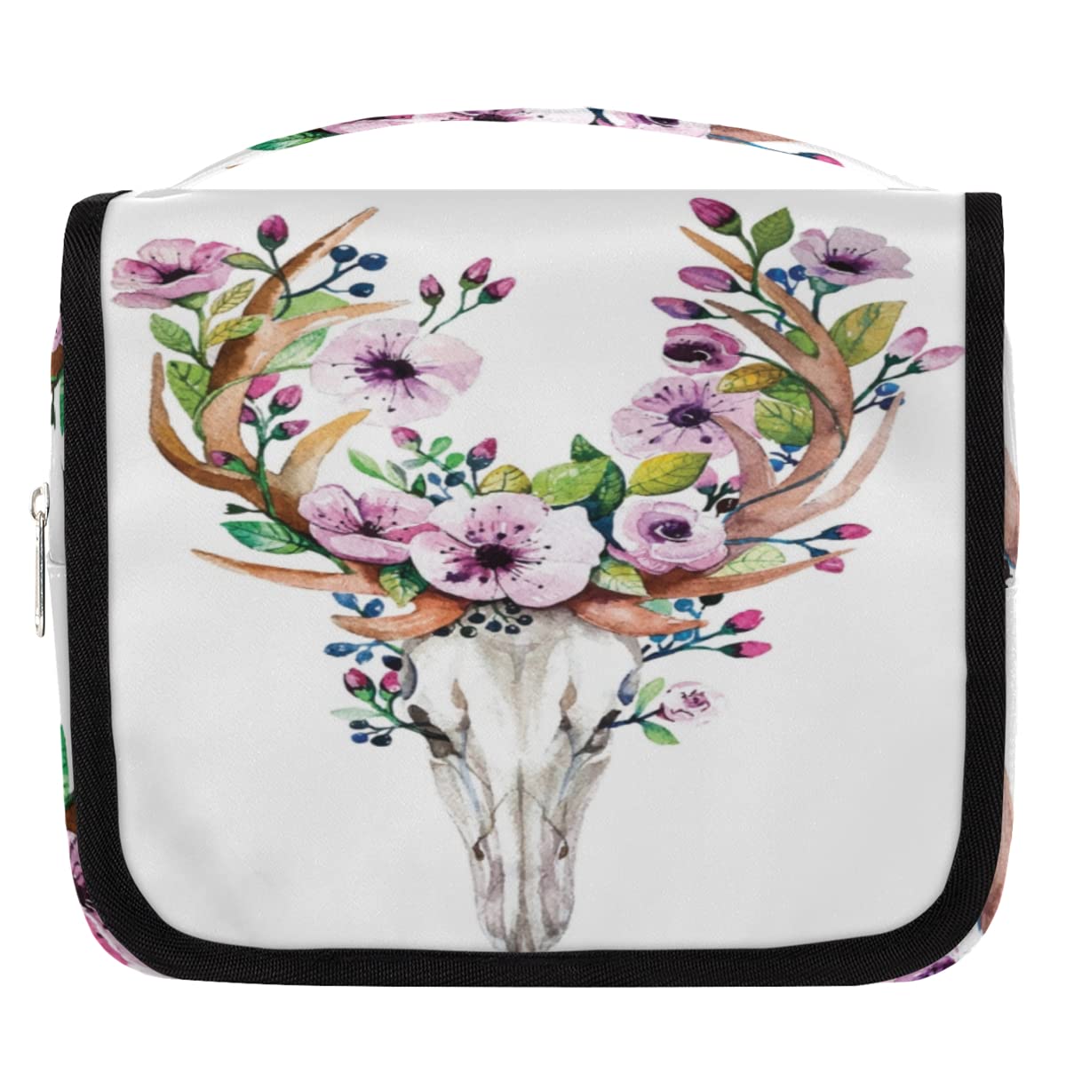 CPolar Antlers Flower Skull Hanging Toiletry Bag - Waterproof Travel Cosmetic Organizer for Men & Women - Large Shaving & Makeup Case with Hook - Perfect for Bathroom, Shower, Camping & Gym Essentials