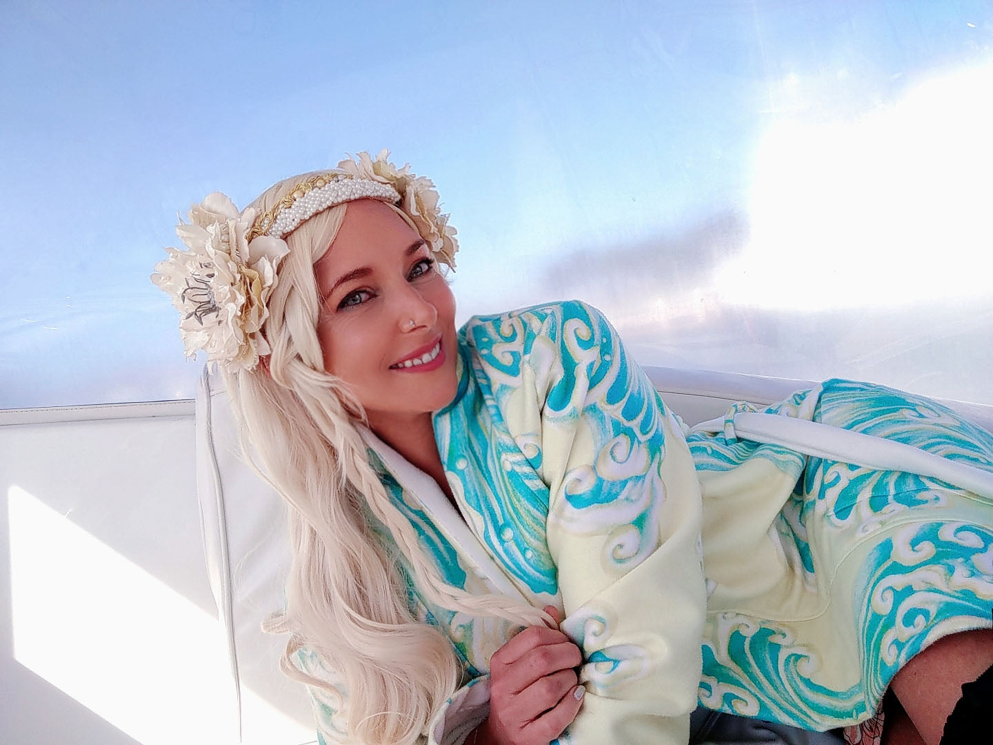 Hannah Mermaid Golden Wave Luxury Terry Robe for Women - Soft Bathrobe with Pockets - Perfect for Spa, Beach Cover-Up, and Relaxing at Home