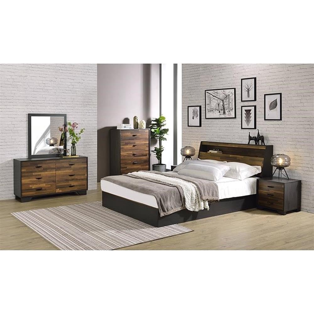 Acme Eos Solid Wood Queen Platform Bed Frame - Walnut & Black Finish - Modern Bedroom Furniture for Small Spaces & Master Suites