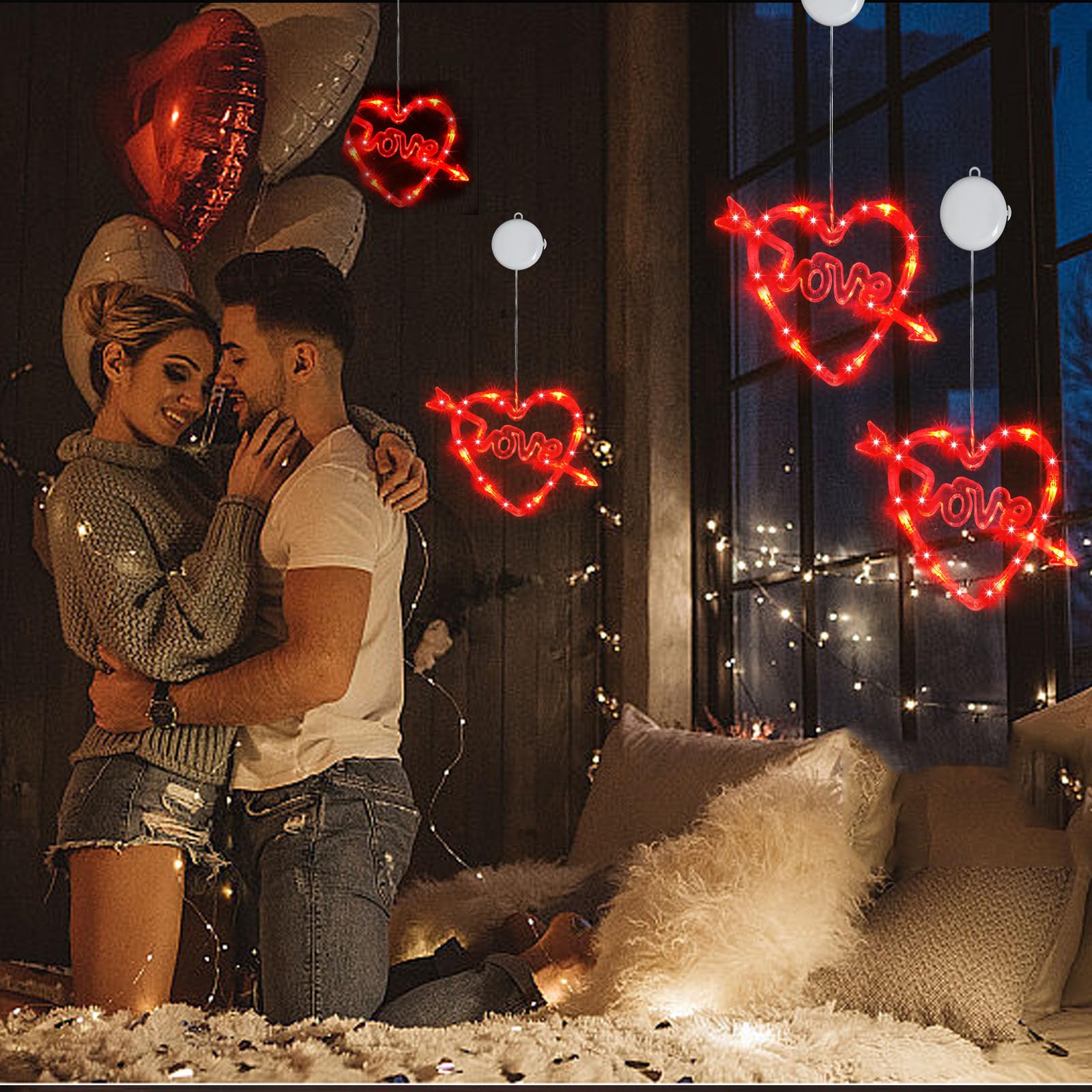 3Pack Red Heart Shaped Valentine's Day Window Lights - Battery Powered Romantic String Lights with Timer for Valentine's Day, Wedding & Anniversary Decor - Perfect for Bedroom, Living Room & Party Decorations