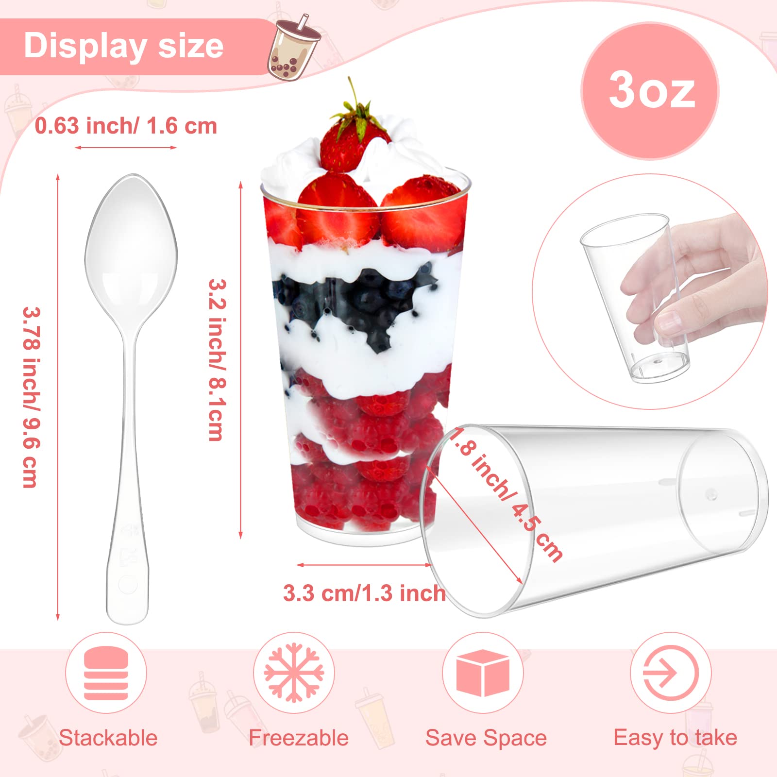 CHENGU 3 oz Clear Plastic Mini Dessert Cups with Spoons - Disposable Round Parfait Appetizer Cups, Shot Glasses & Tall Tumblers for Party Supplies, Dessert Tasting & Cocktail Serving (200 Pack) - Perfect for Weddings, Baby Showers & Catering Events