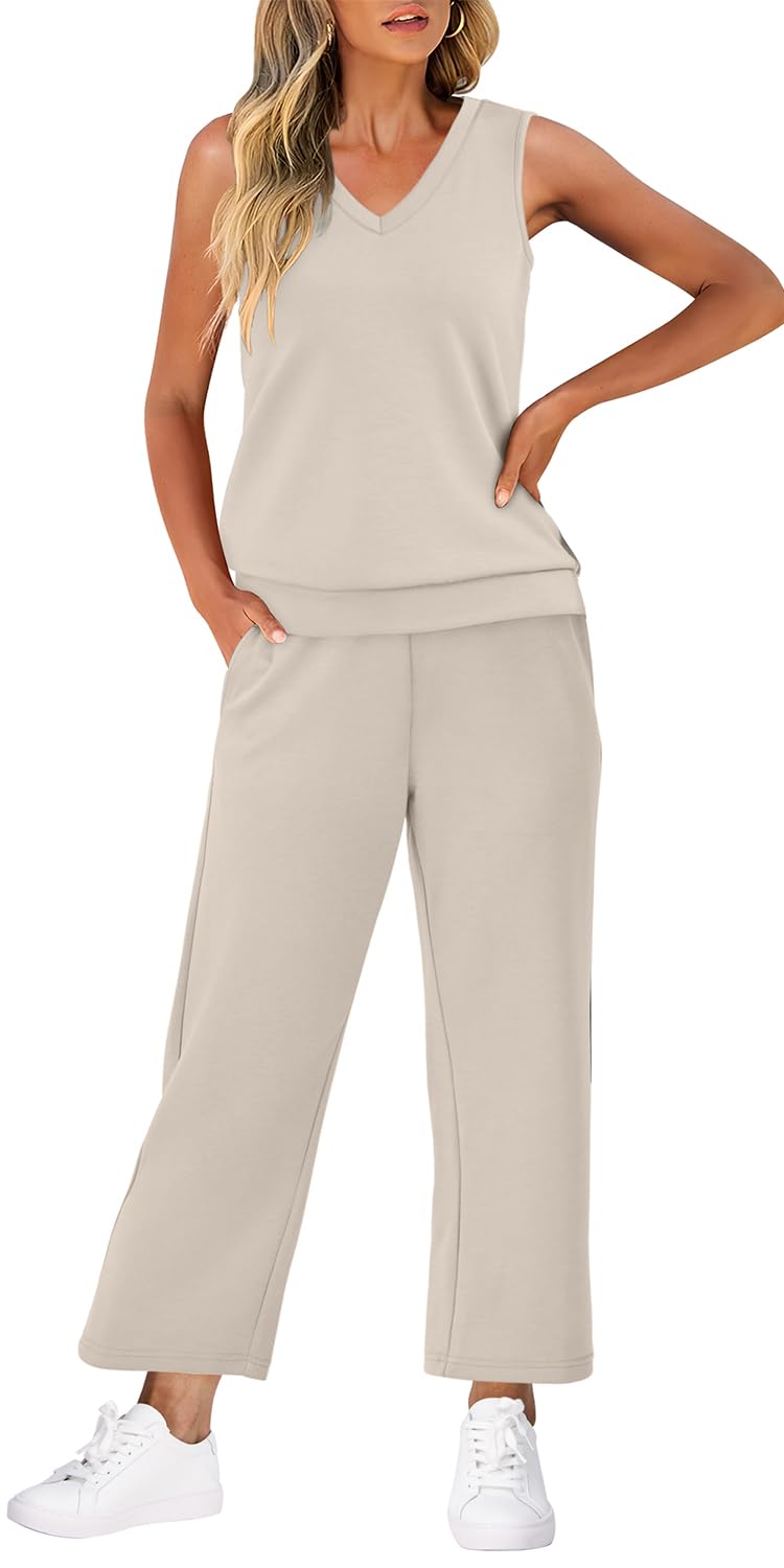WIHOLL Women's Summer Two Piece Outfit Set - Trendy V-Neck Lounge Wear & Vacation Matching Sets for Beach, Travel & Casual Wear