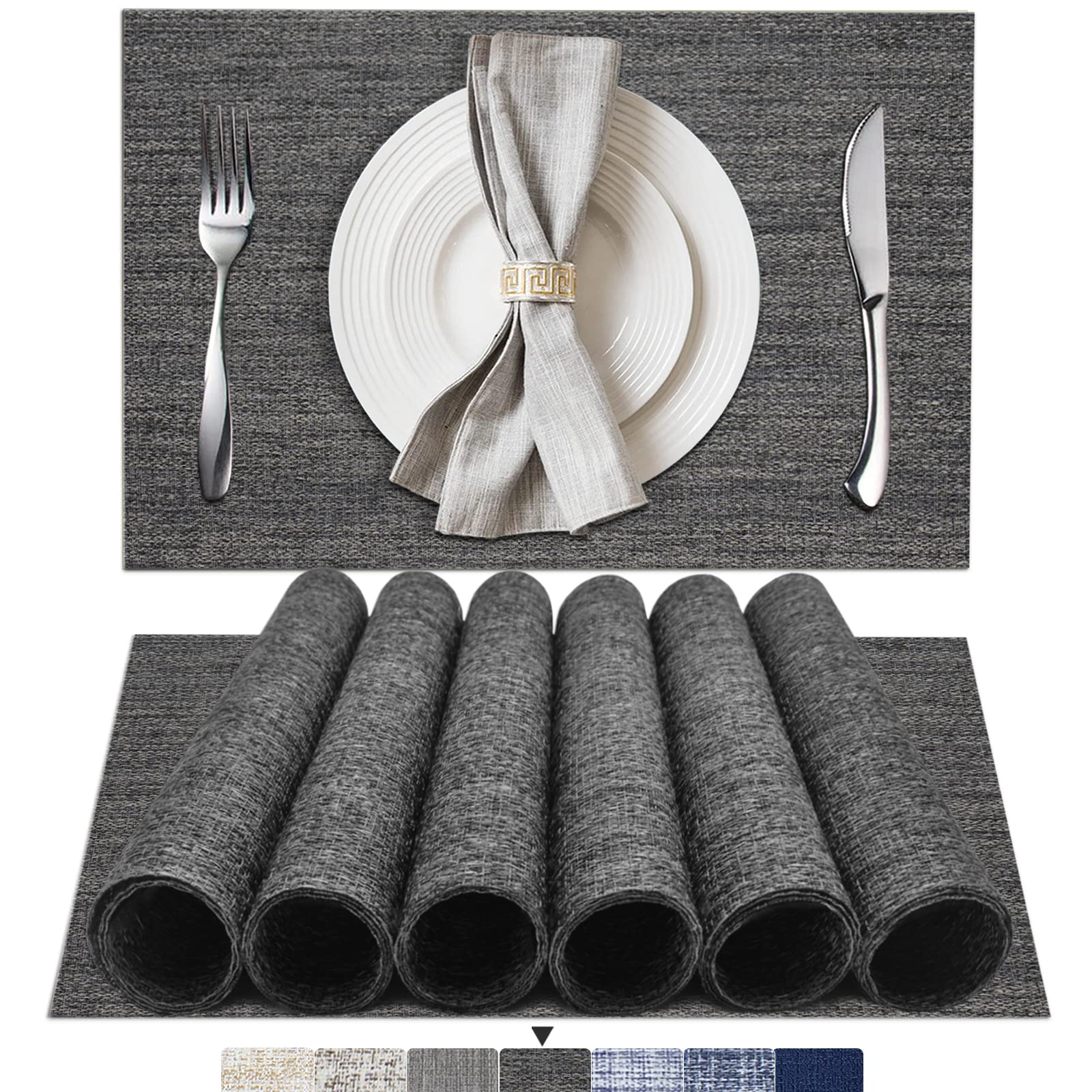 BETEAM Set of 6 Woven Vinyl Placemats - Washable & Durable Table Mats for Indoor/Outdoor Use - Dark Grey - Perfect for Dining, Kitchen, Patio & Picnic