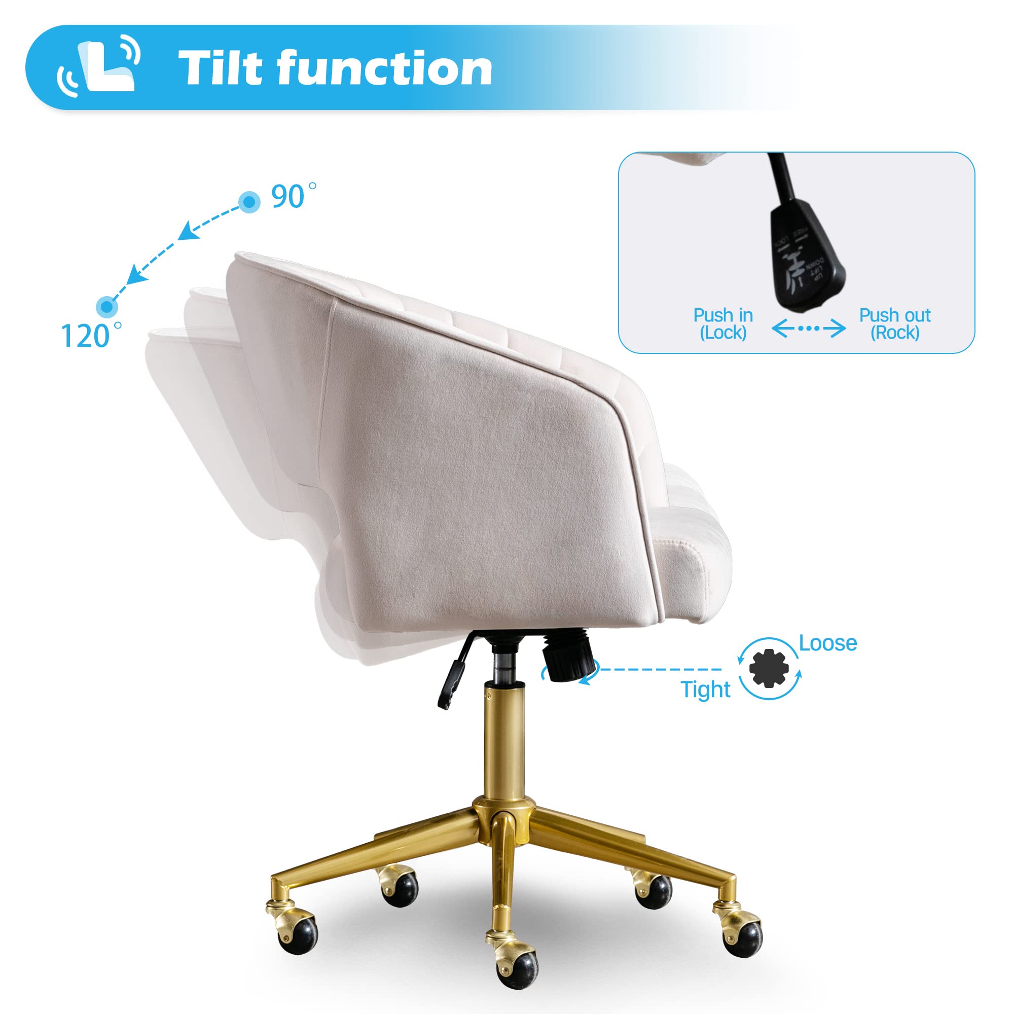 Ergonomic Velvet Swivel Office Chair with Gold Base - Modern Tufted Desk Chair for Women, Girls - Comfortable Computer Task Stool for Home Office, Study, Living Room (Cream) - Perfect for Remote Work, Gaming & Relaxation