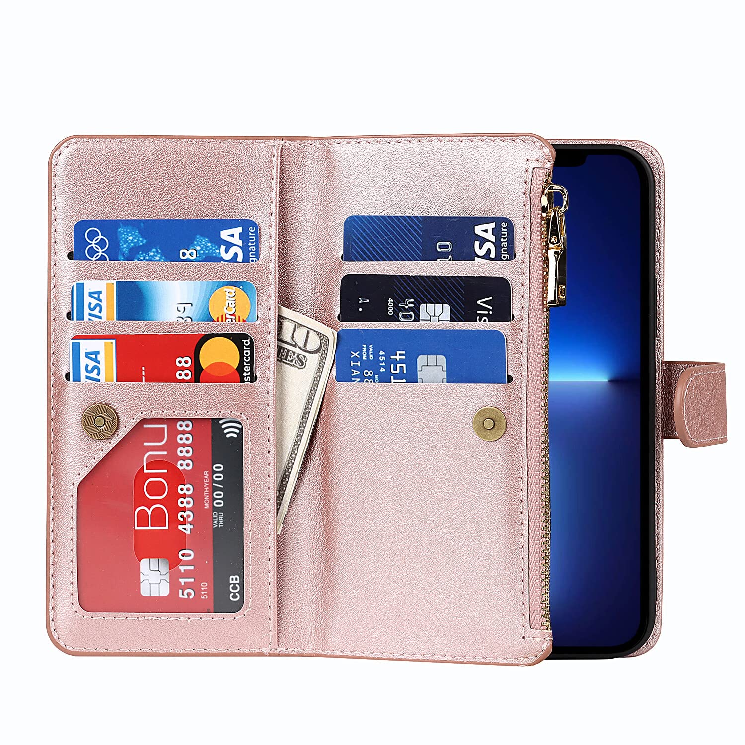 Premium Leather Wallet Case for iPhone 13 Pro - Magnetic Card Holder with Crossbody Strap & Stand Function | Rose Gold Protective Cover for Women & Men | Perfect for Travel, Shopping & Daily Use